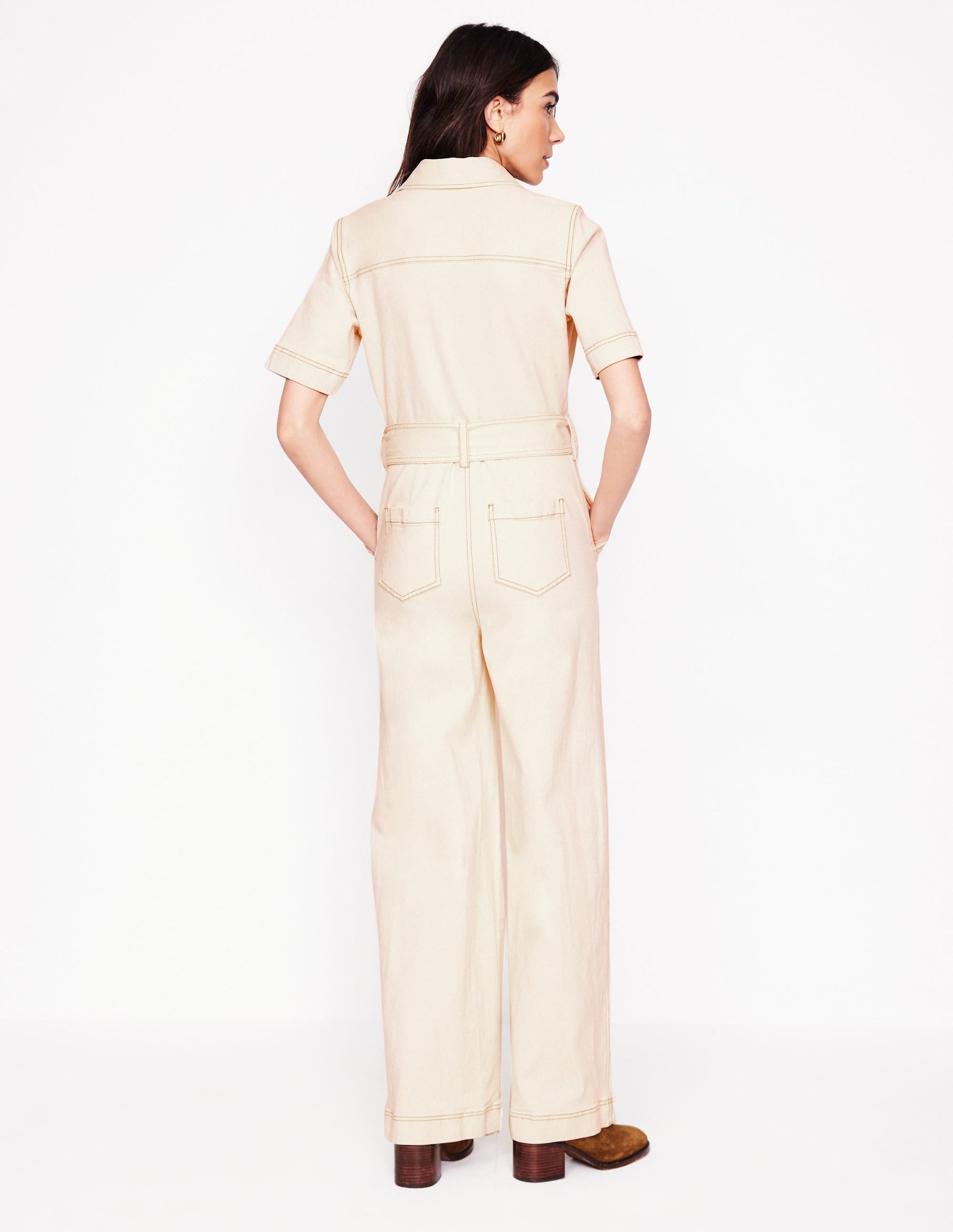 Short Sleeve Denim Jumpsuit-Ecru-5