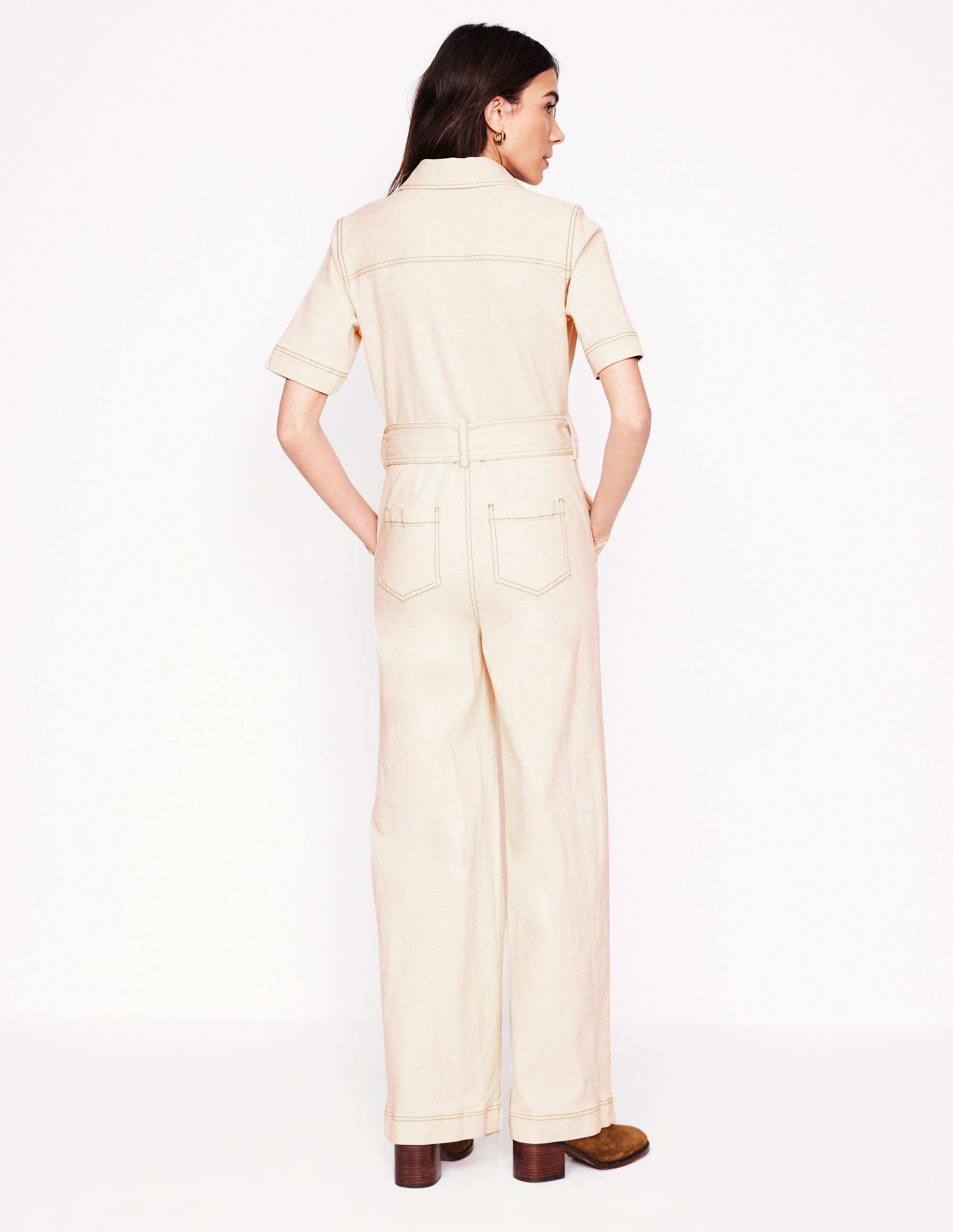 Short Sleeve Denim Jumpsuit-Ecru - Image 5