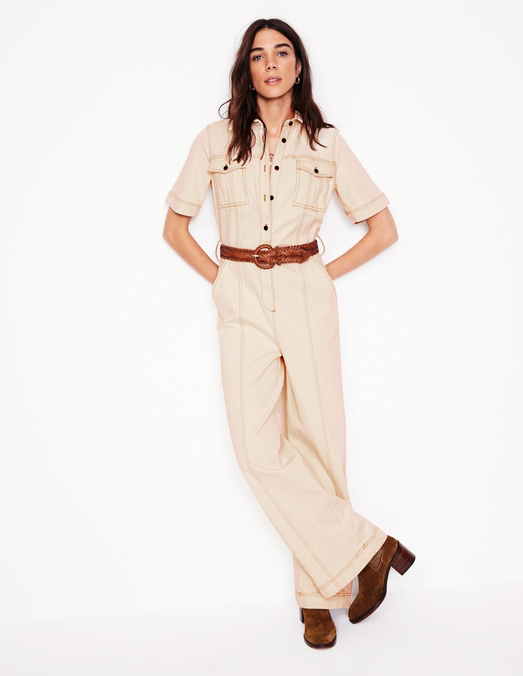 Short Sleeve Denim Jumpsuit-Ecru - Image 6