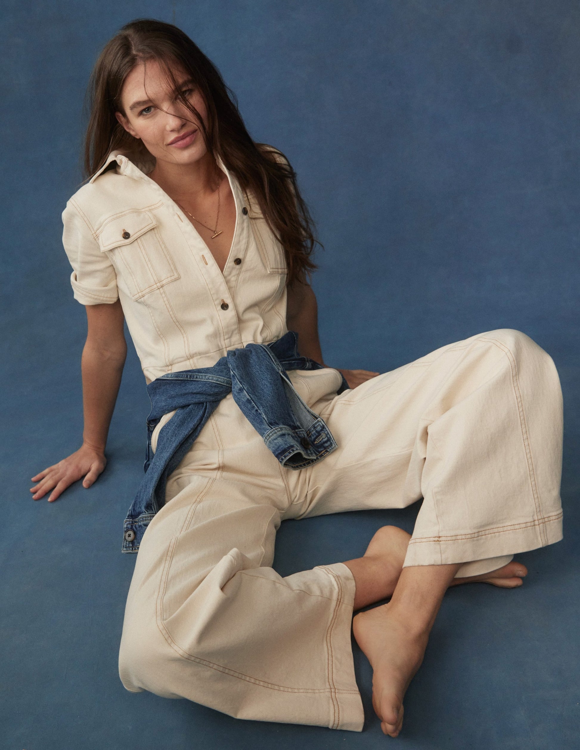 Short Sleeve Denim Jumpsuit-Ecru-1