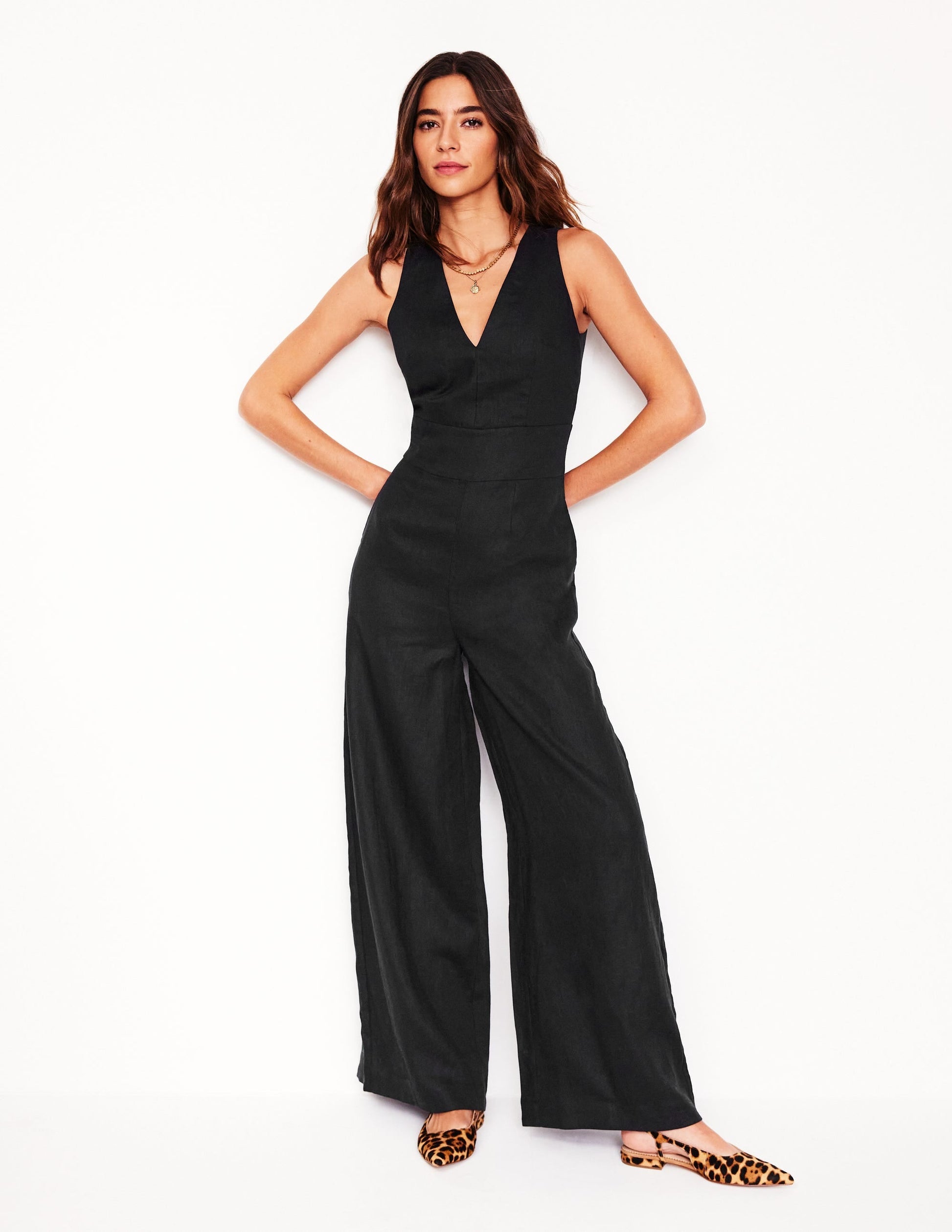 V-Neck Linen Jumpsuit-Black-1