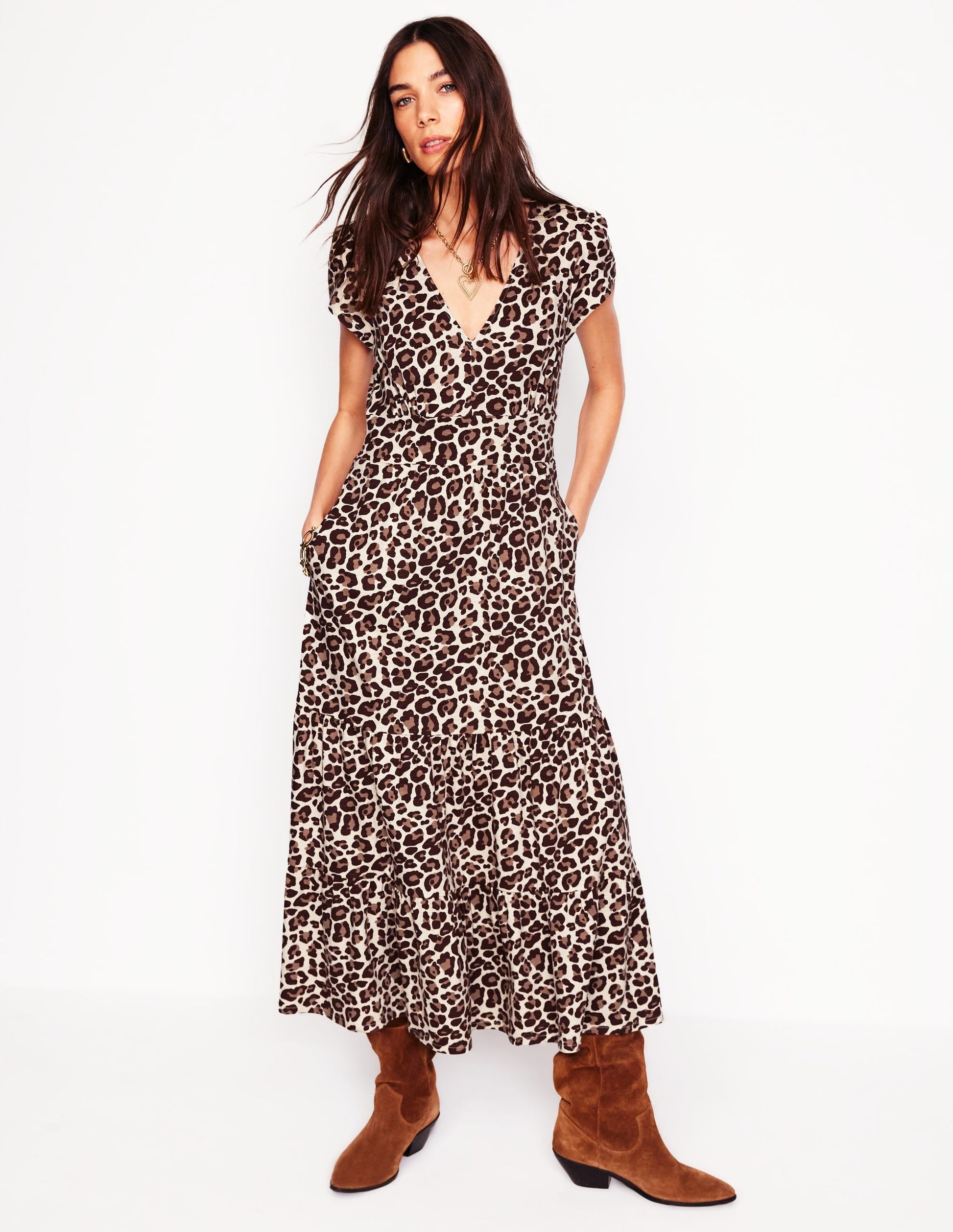 Eloise Tiered Jersey Dress-Sandpiper Beige, Cheetah Pop-1