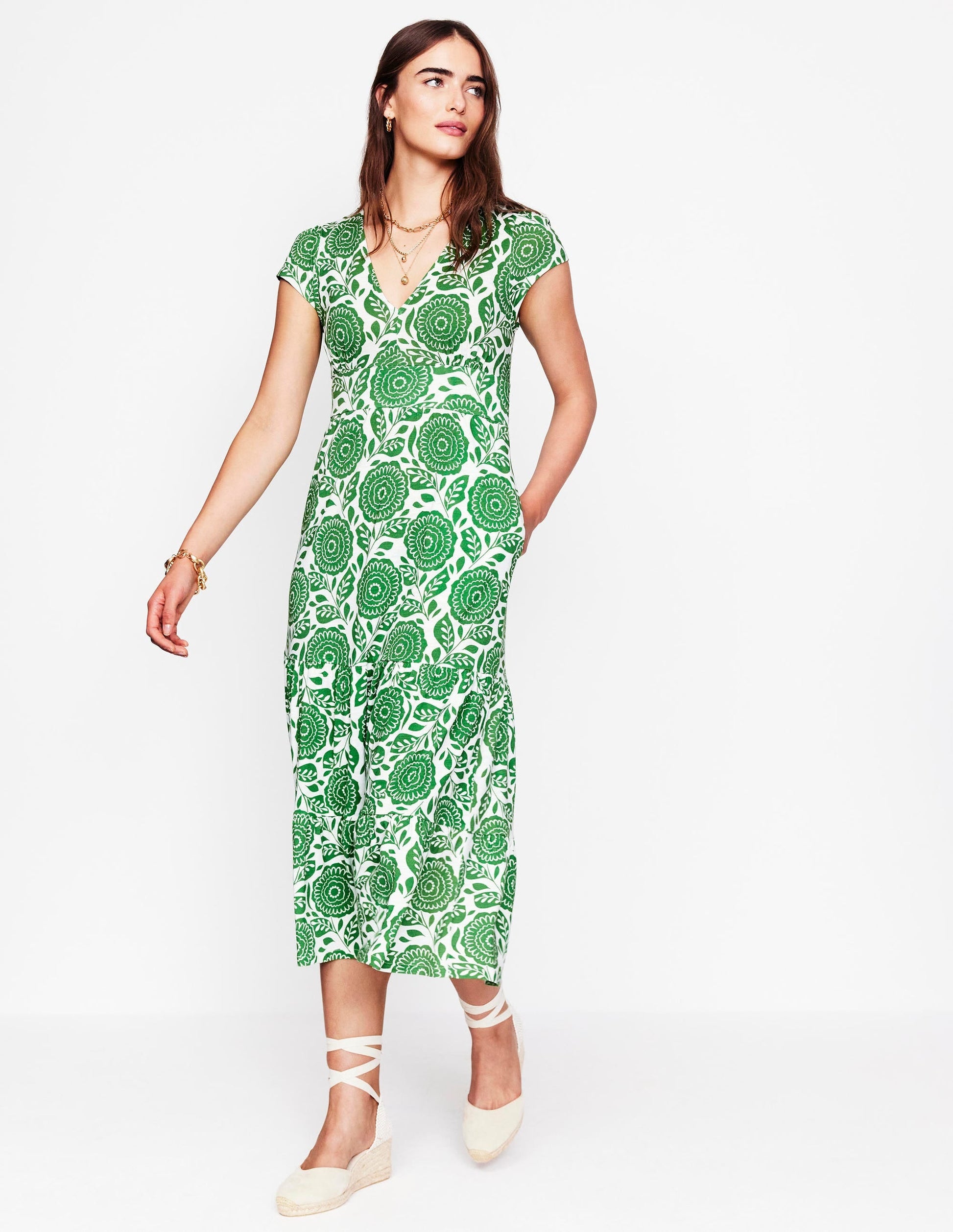 Eloise Tiered Jersey Dress-Paradise Green, Dahlia Stamp-1
