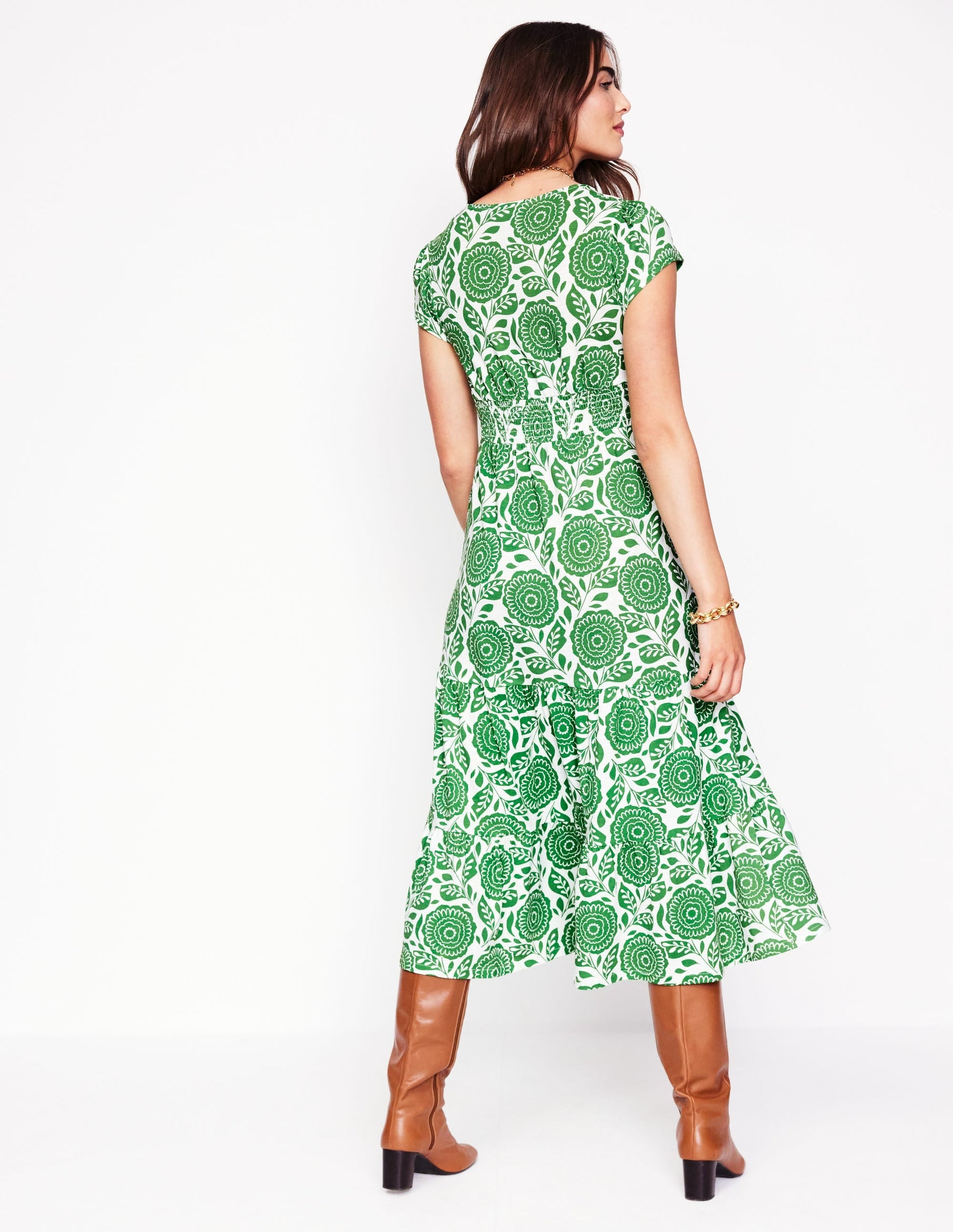 Eloise Tiered Jersey Dress-Paradise Green, Dahlia Stamp-3