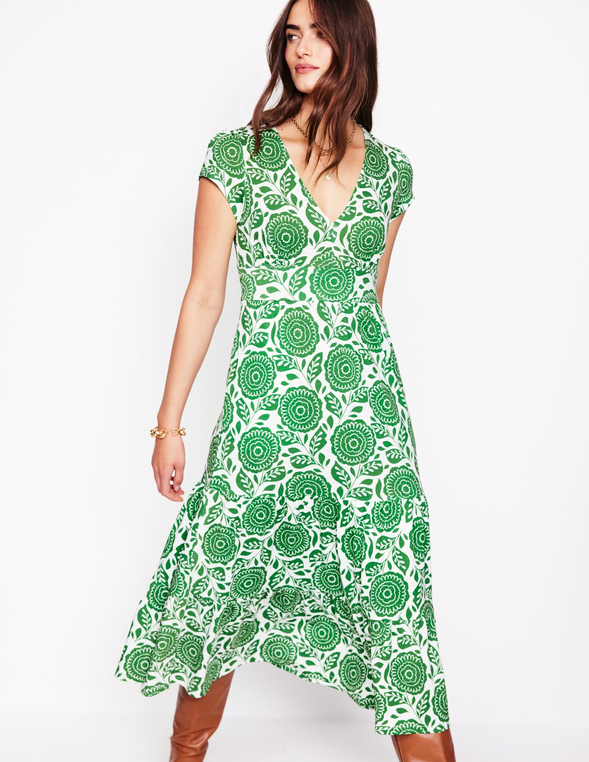 Eloise Tiered Jersey Dress-Paradise Green, Dahlia Stamp-4