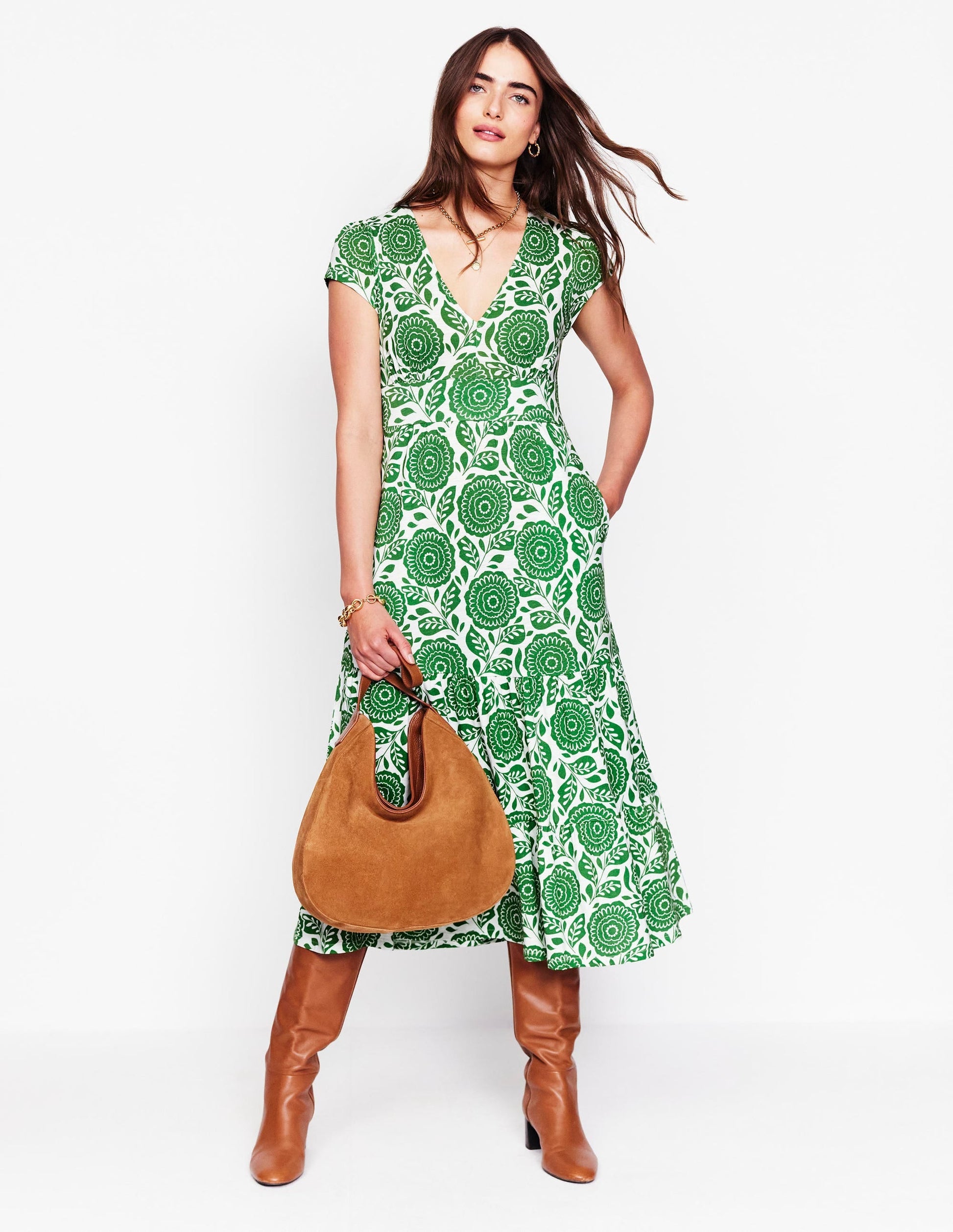 Eloise Tiered Jersey Dress-Paradise Green, Dahlia Stamp-5