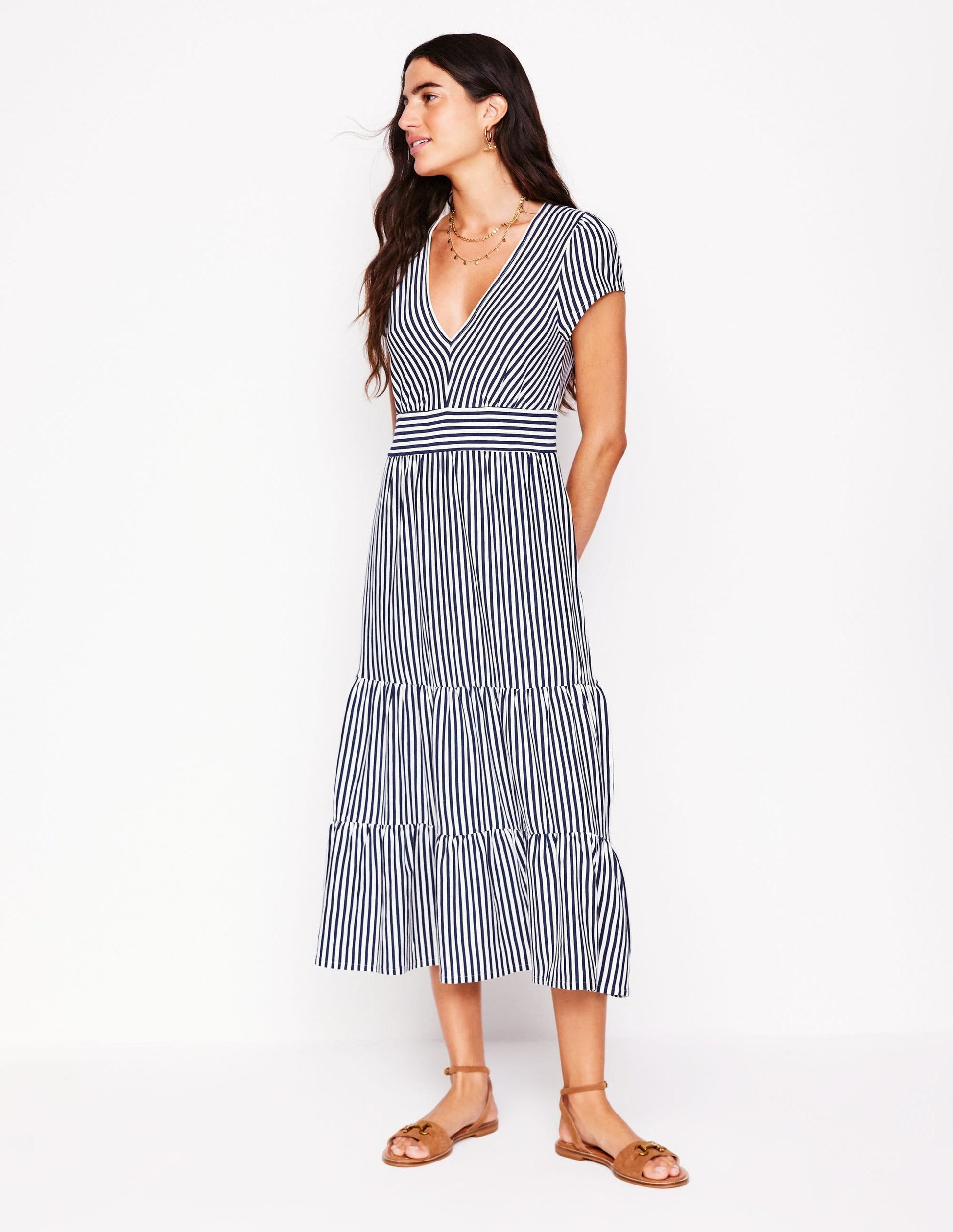 Eloise Tiered Jersey Dress-French Navy and Ivory Stripe-1