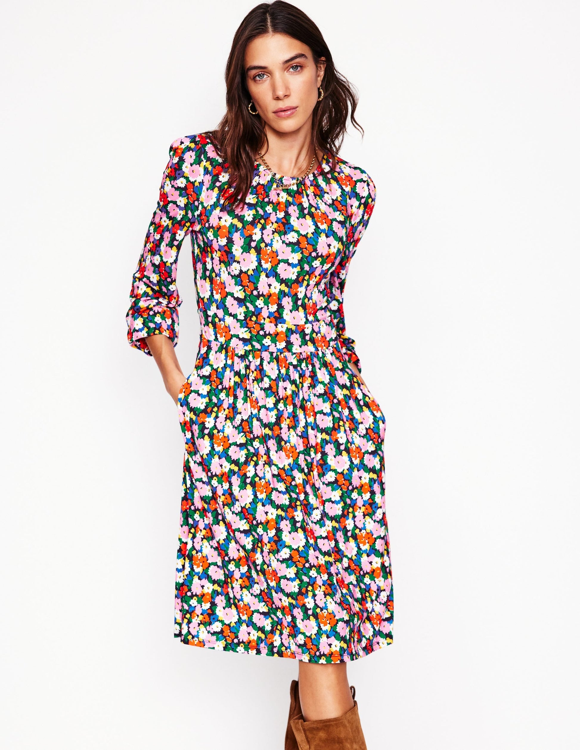 Alexandra Blouson Jersey Dress-Multi, Painterly Meadow-1