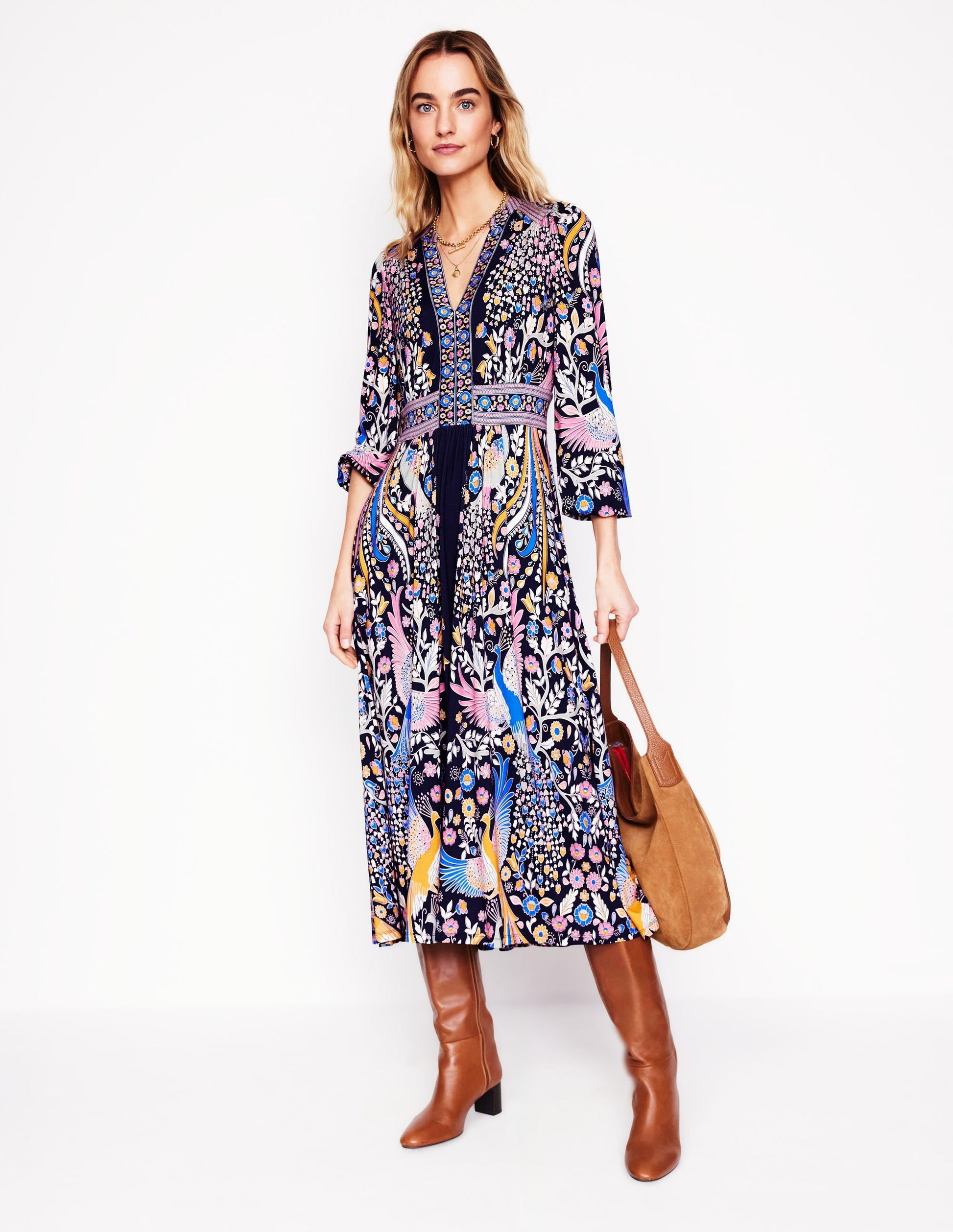 Lily Long Sleeve Midi Dress-French Navy,Enchanting Peacock-1