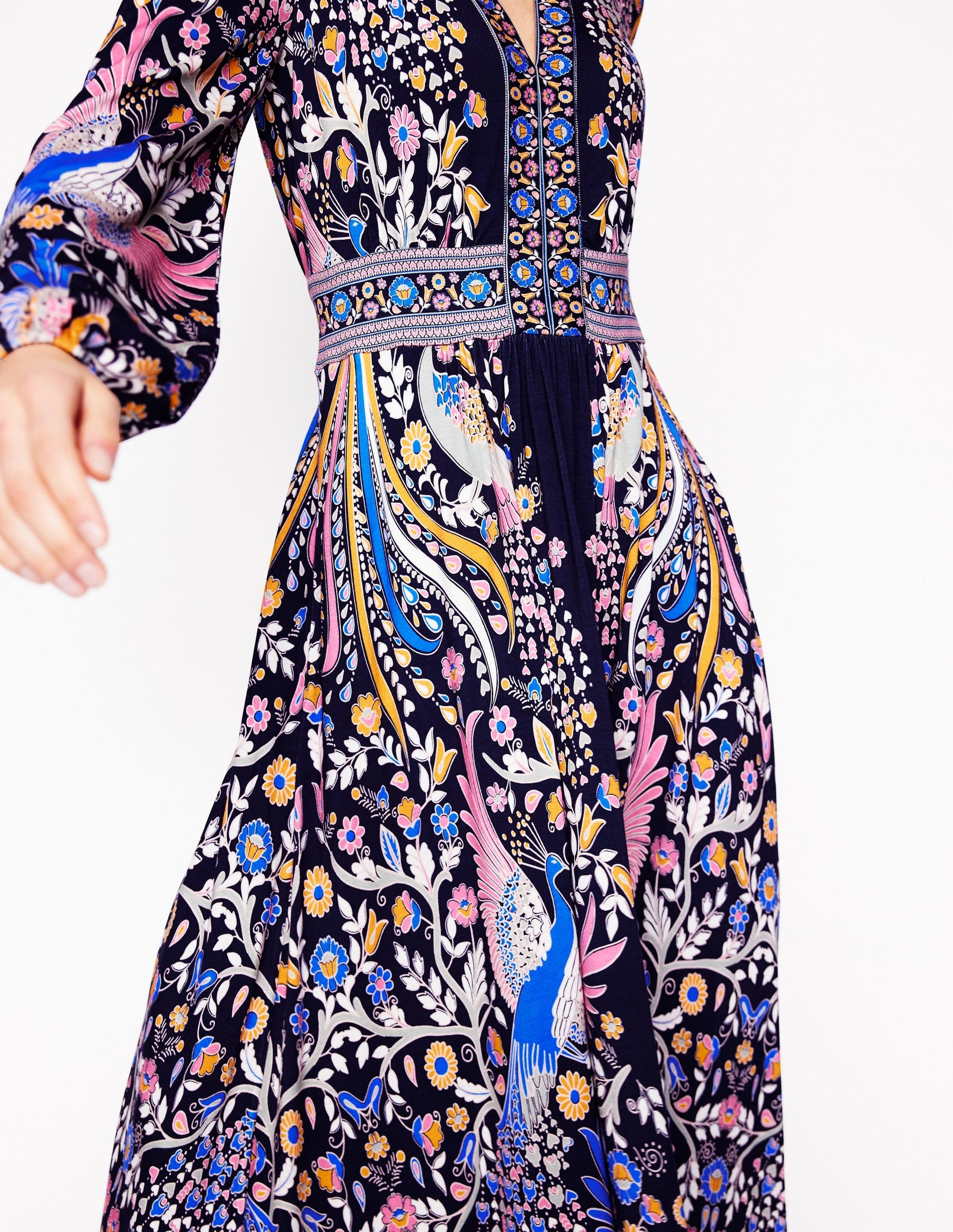 Lily Long Sleeve Midi Dress-French Navy,Enchanting Peacock-3