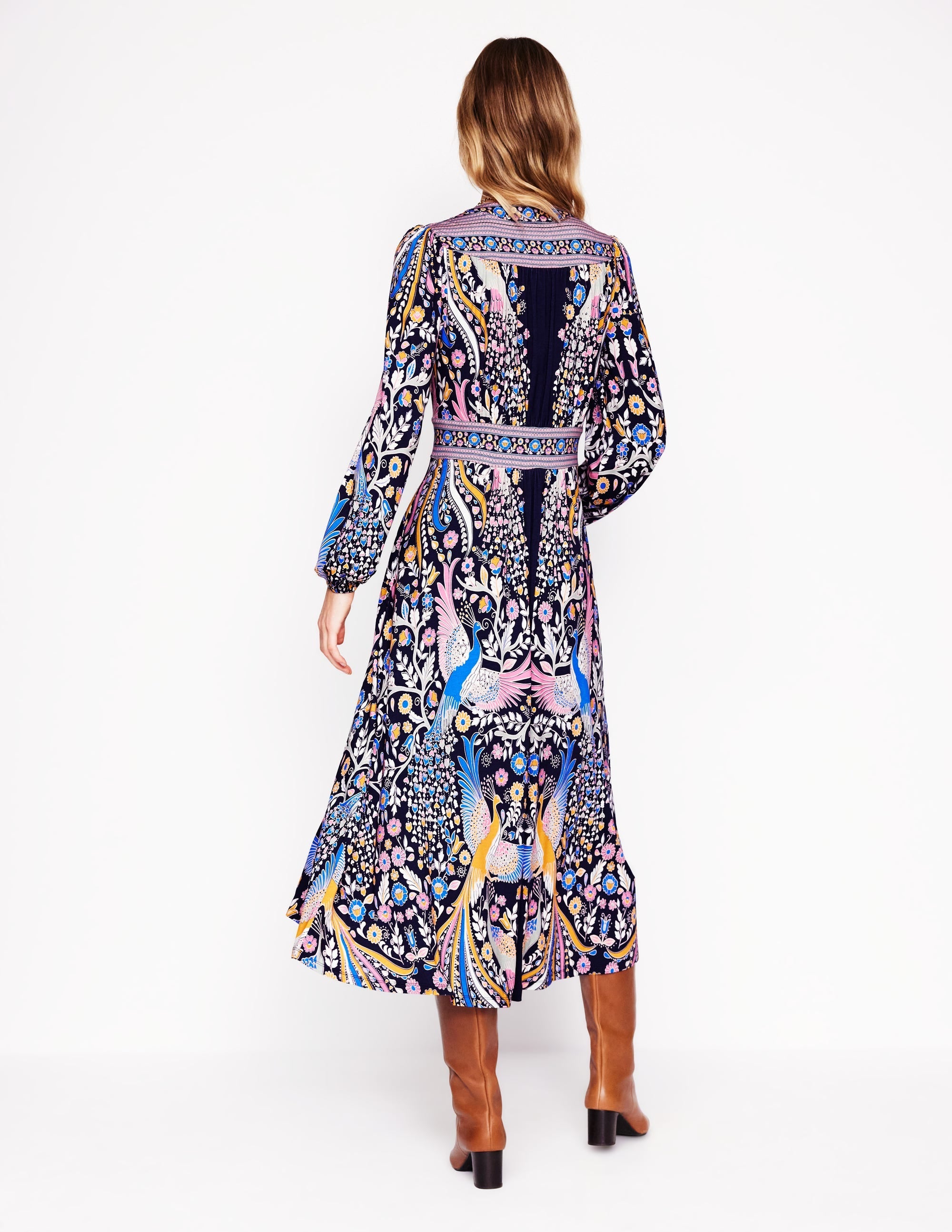 Lily Long Sleeve Midi Dress-French Navy,Enchanting Peacock - Image 4