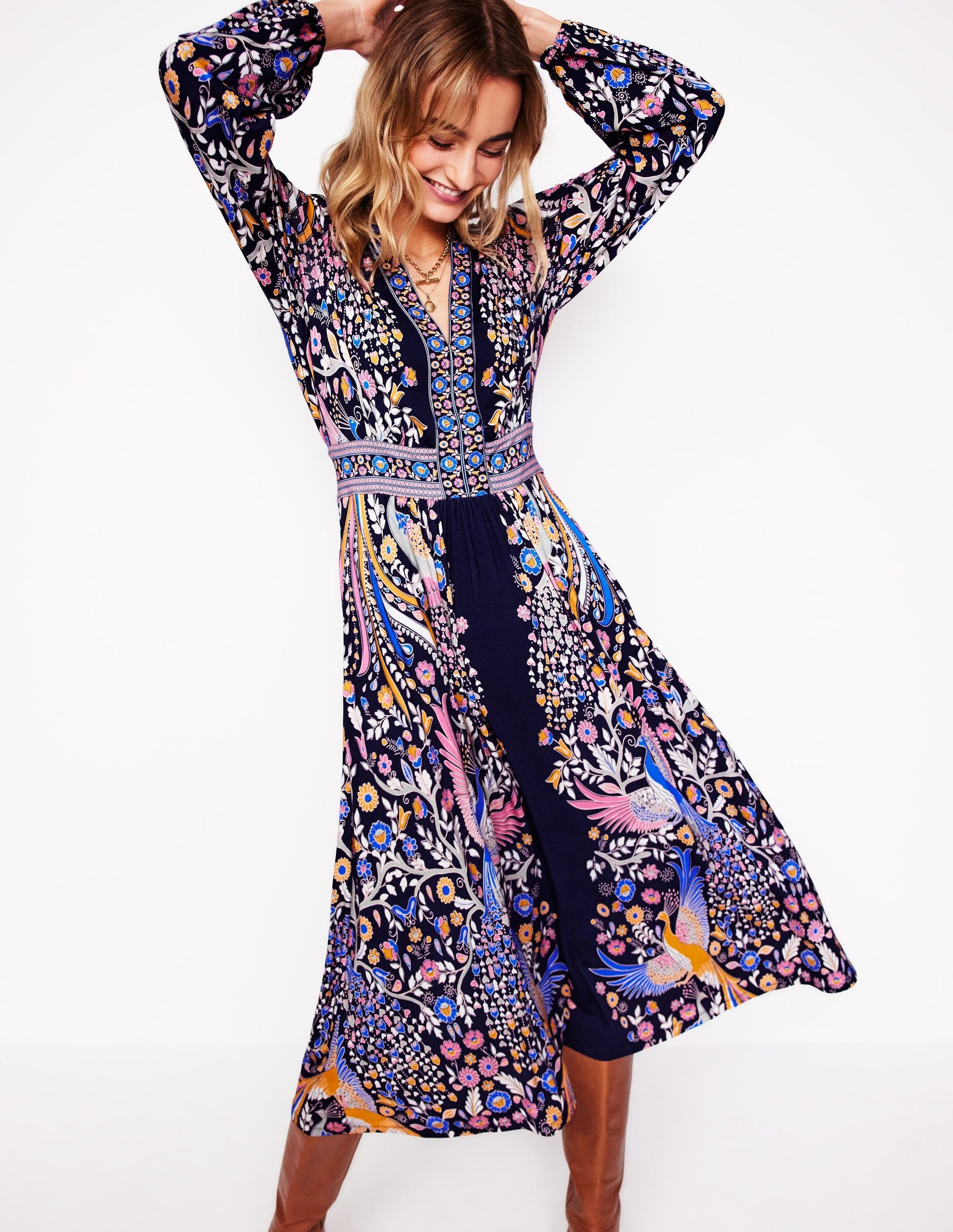 Lily Long Sleeve Midi Dress-French Navy,Enchanting Peacock-5