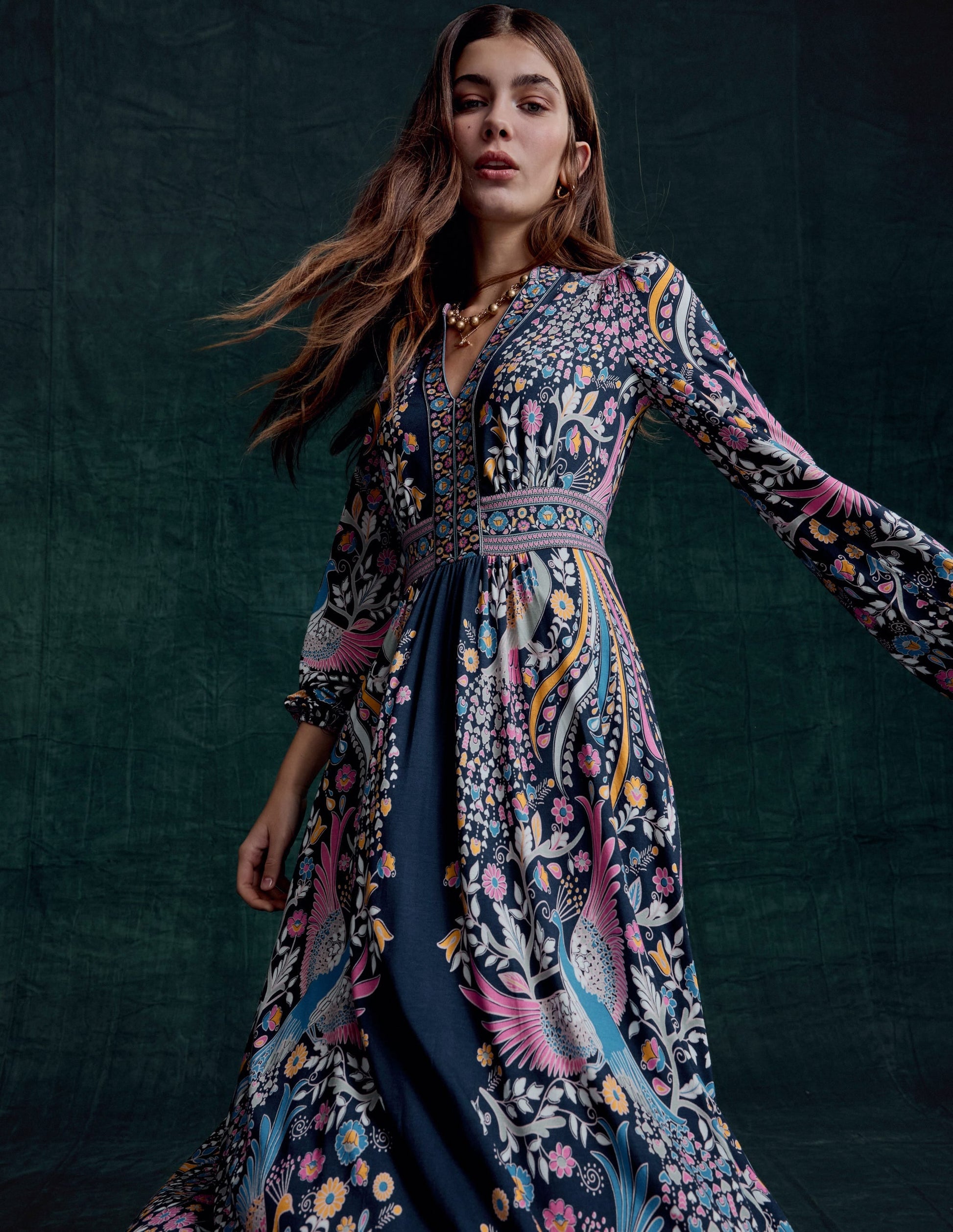 Lily Long Sleeve Midi Dress-French Navy,Enchanting Peacock-2