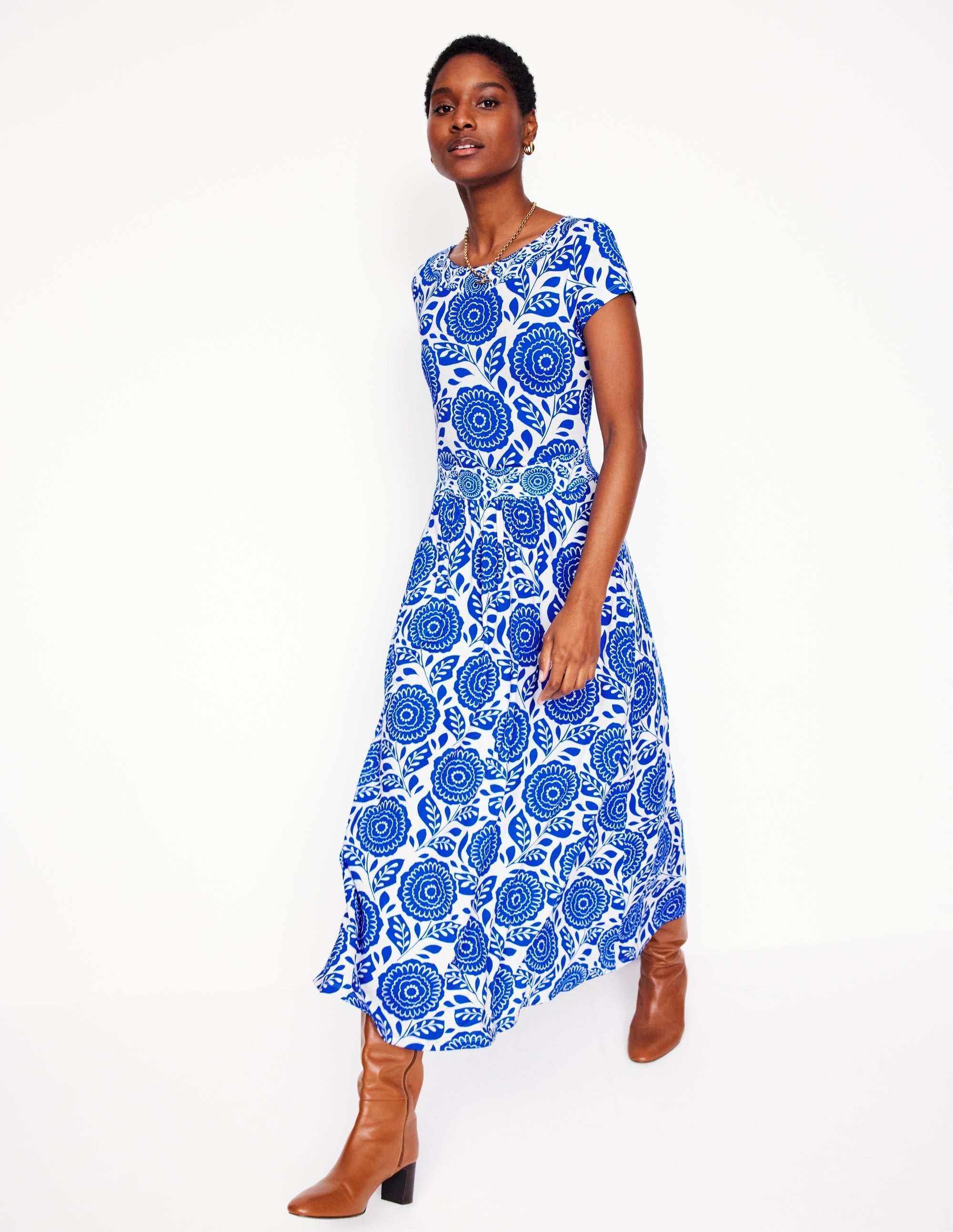 Melanie Jersey Midi Dress-Gallery Blue, Dahlia Stamp - Image 1