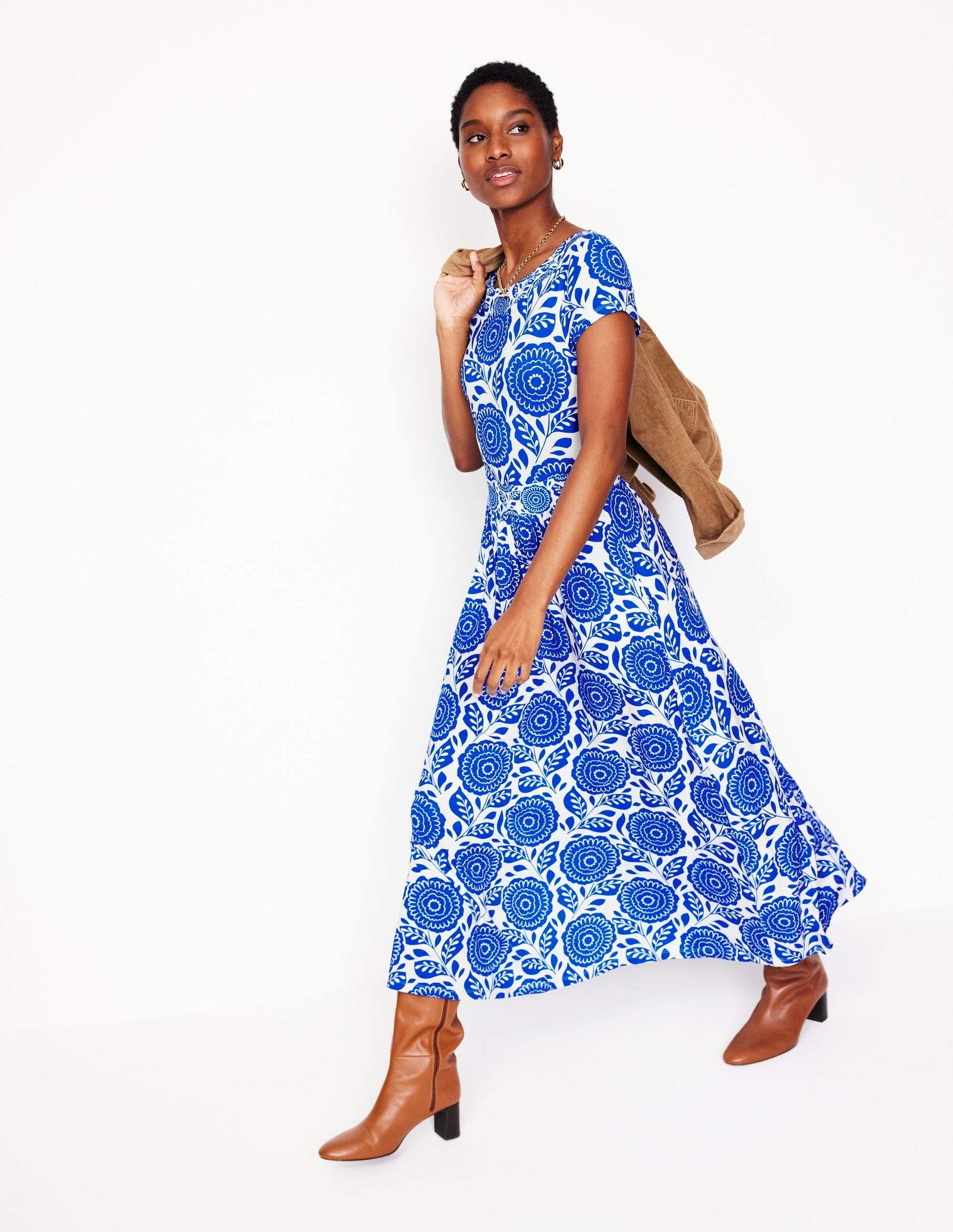 Melanie Jersey Midi Dress-Gallery Blue, Dahlia Stamp-4