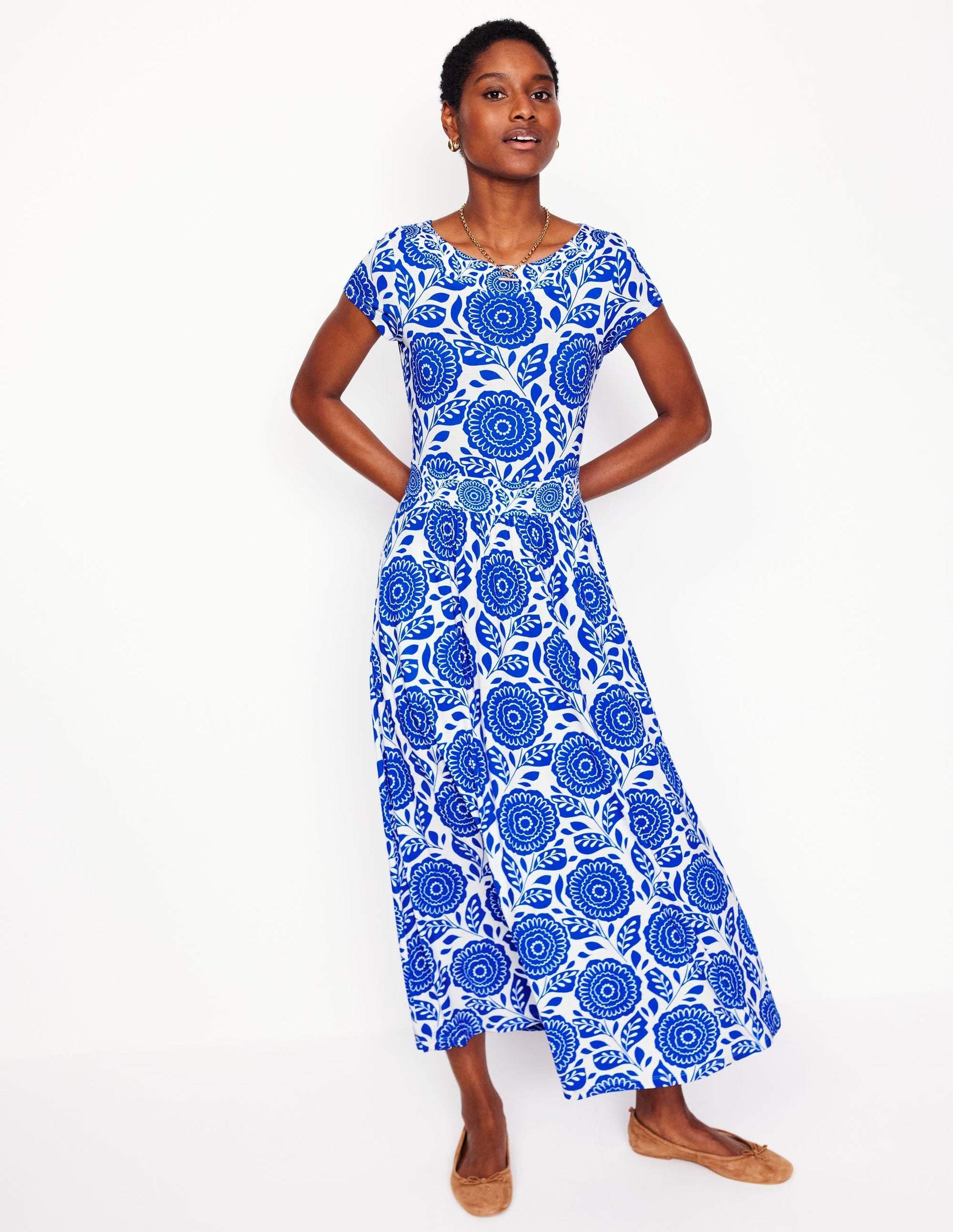 Melanie Jersey Midi Dress-Gallery Blue, Dahlia Stamp-5