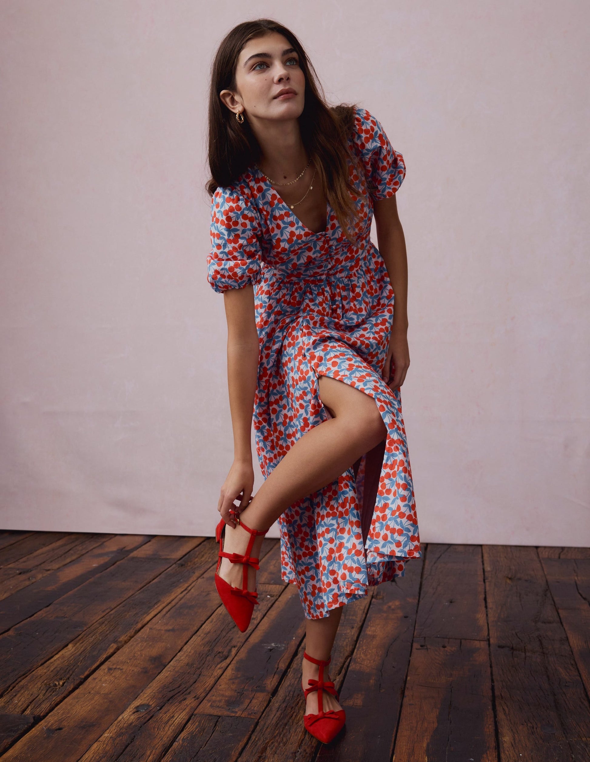 Lillian Cotton Midi Dress-Chalk Pink, Cherry Cascade-2