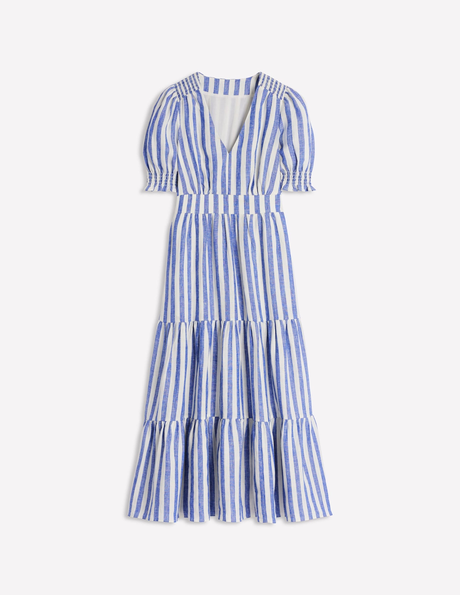 Anna Linen Tiered Midi Dress-Bright Blue Stripe-5