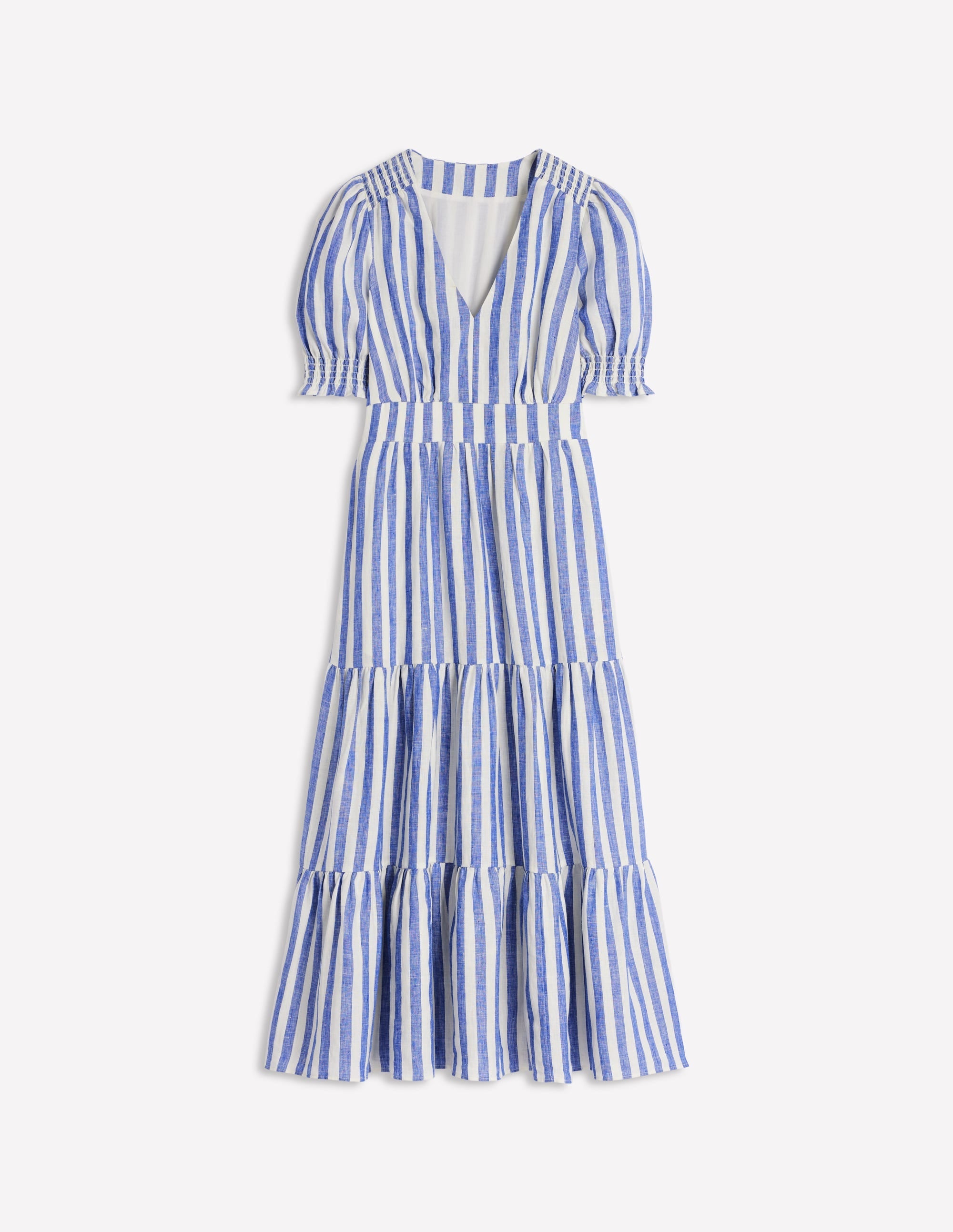 Anna Linen Tiered Midi Dress-Bright Blue Stripe - Image 5