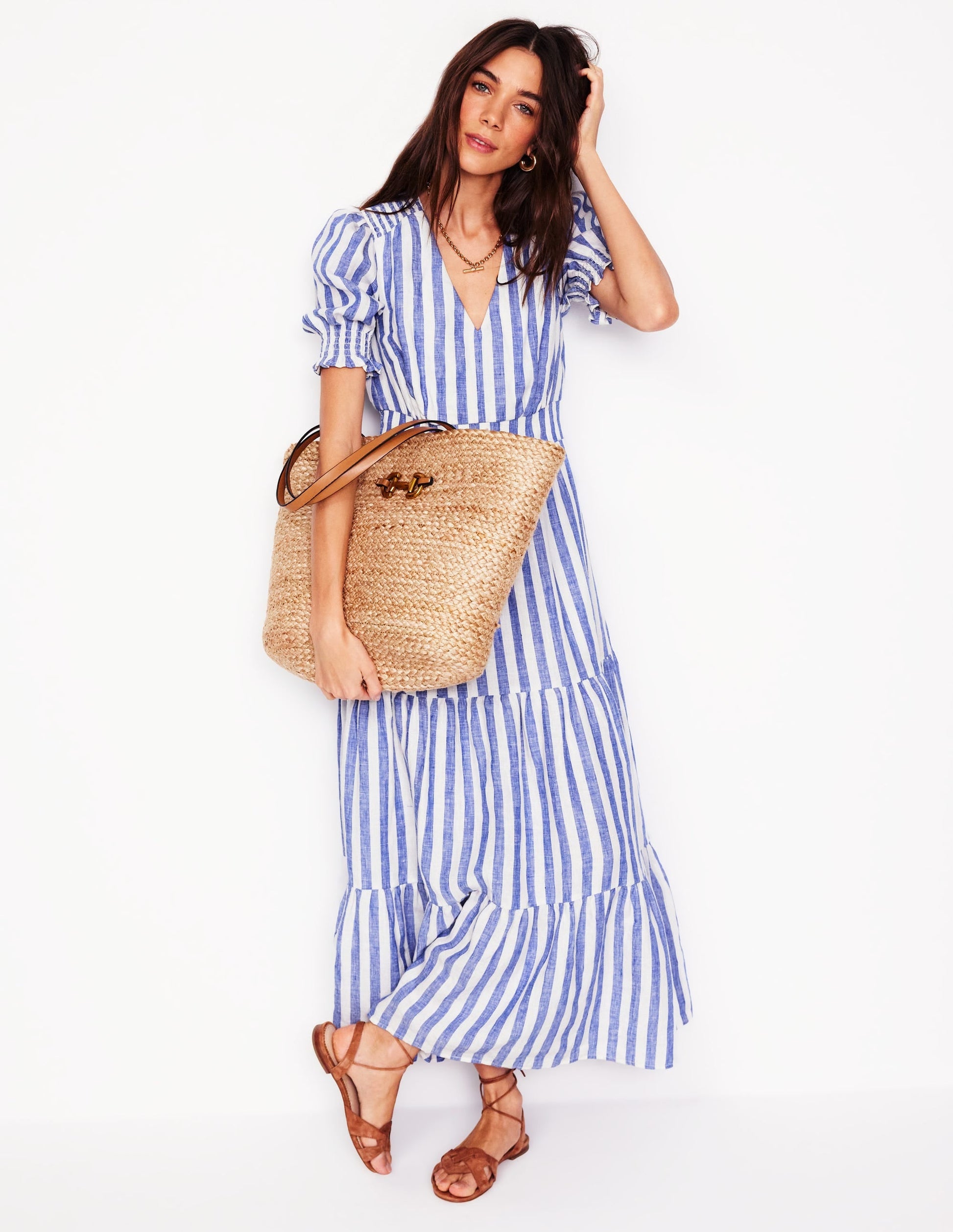 Anna Linen Tiered Midi Dress-Bright Blue Stripe-1