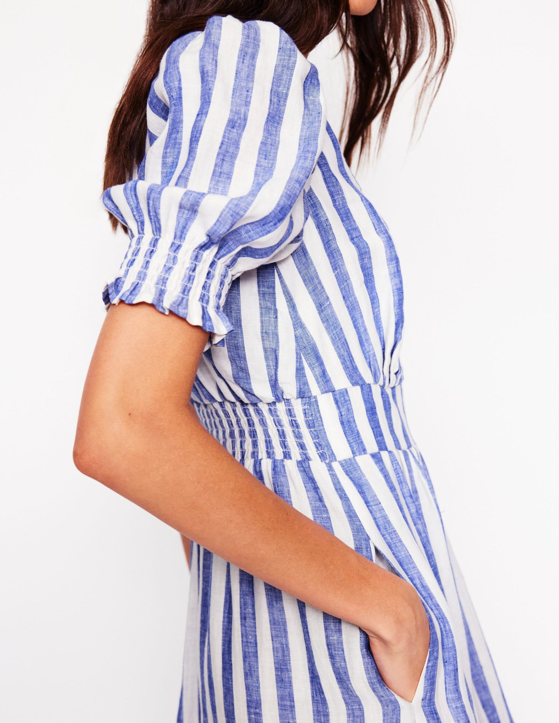 Anna Linen Tiered Midi Dress-Bright Blue Stripe-2