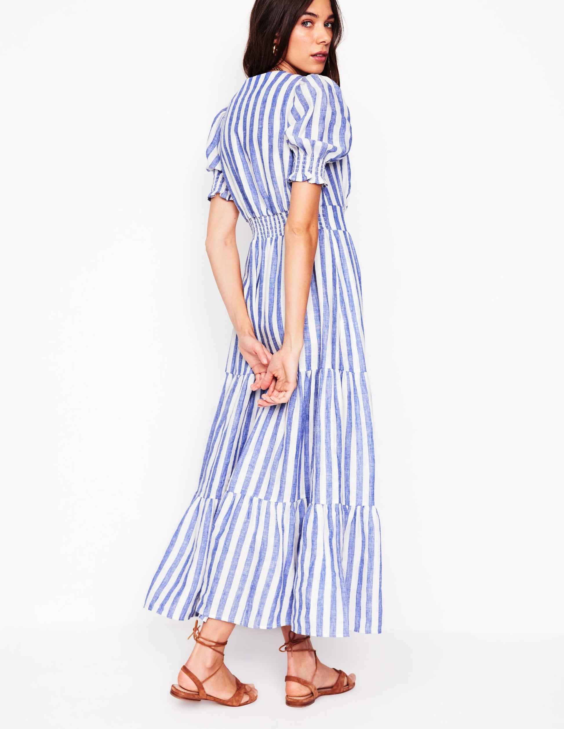 Anna Linen Tiered Midi Dress-Bright Blue Stripe-3