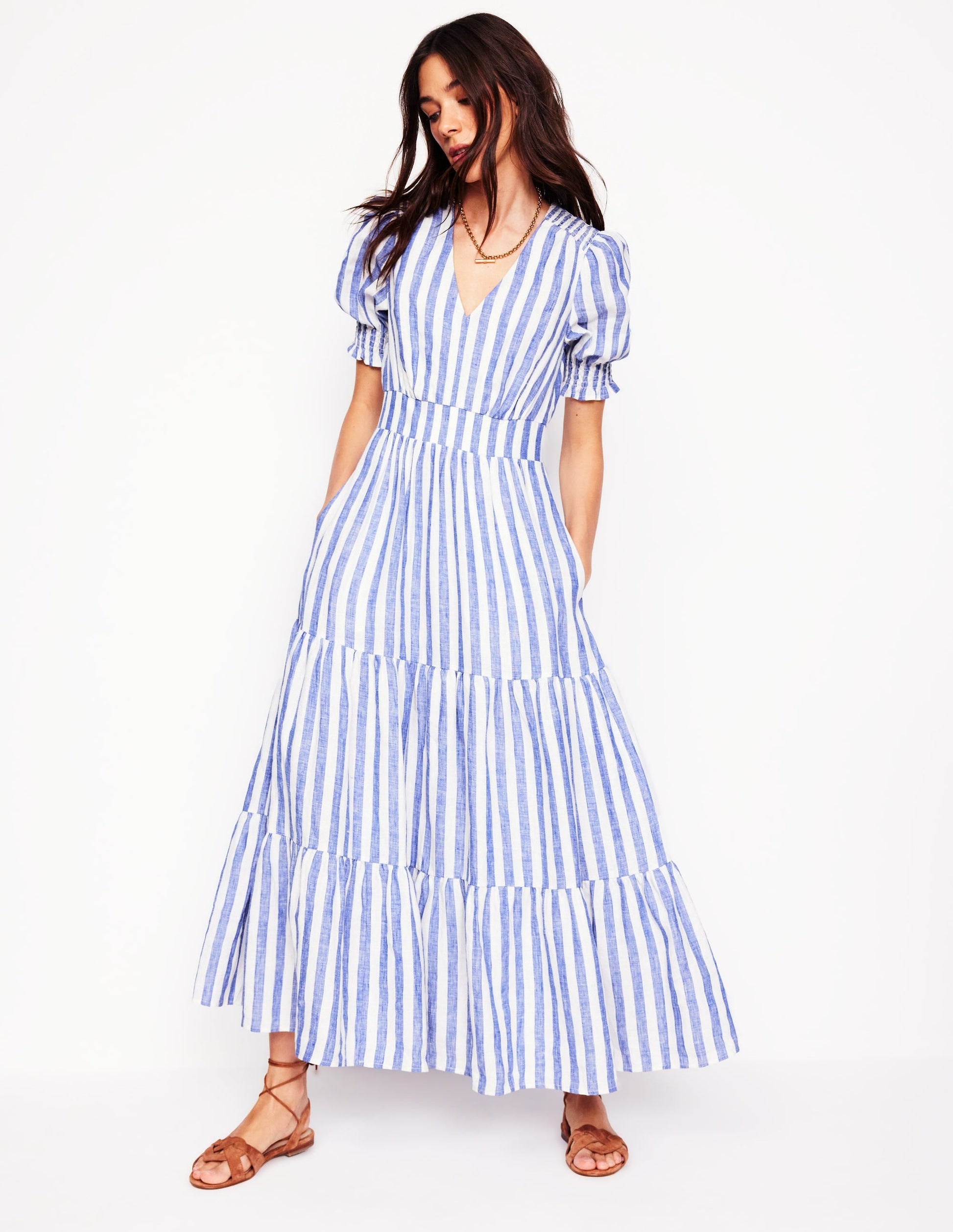 Anna Linen Tiered Midi Dress-Bright Blue Stripe-4
