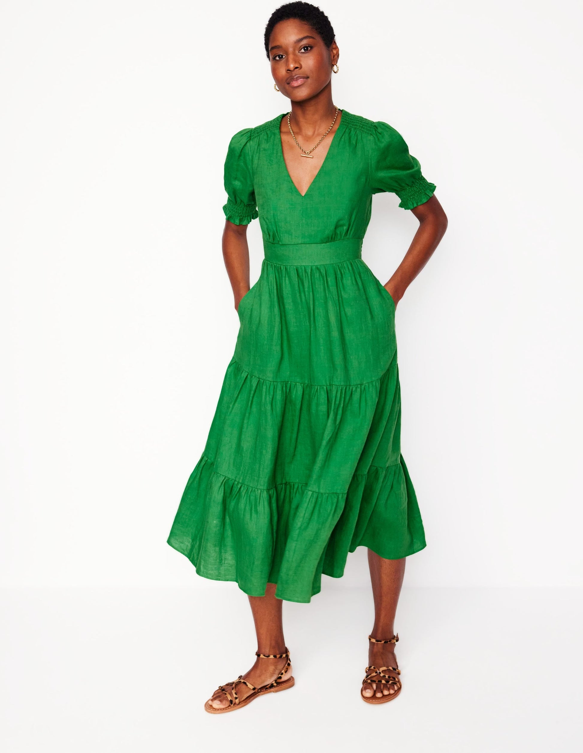 Anna Linen Tiered Midi Dress-Paradise Green-1