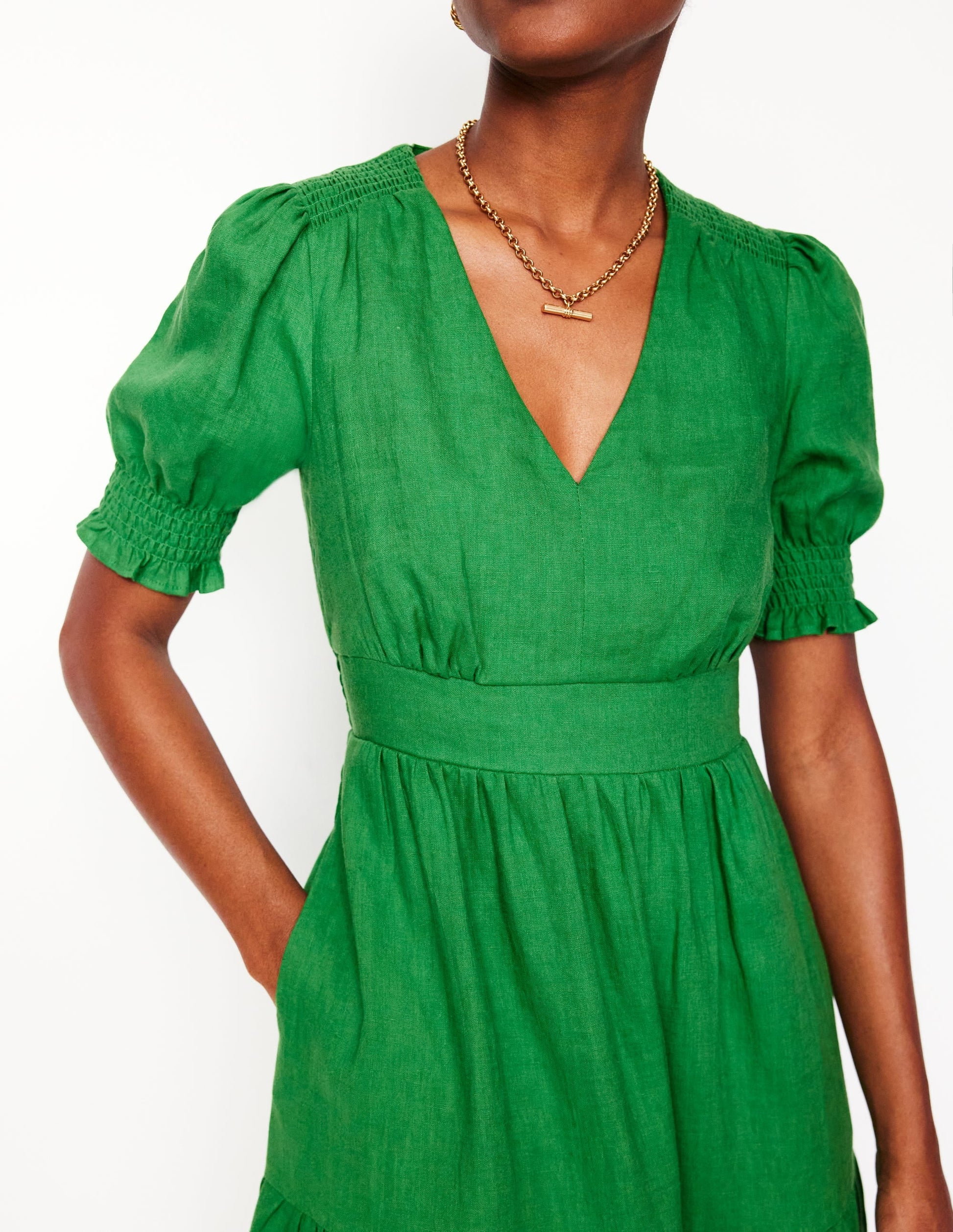 Anna Linen Tiered Midi Dress-Paradise Green-3