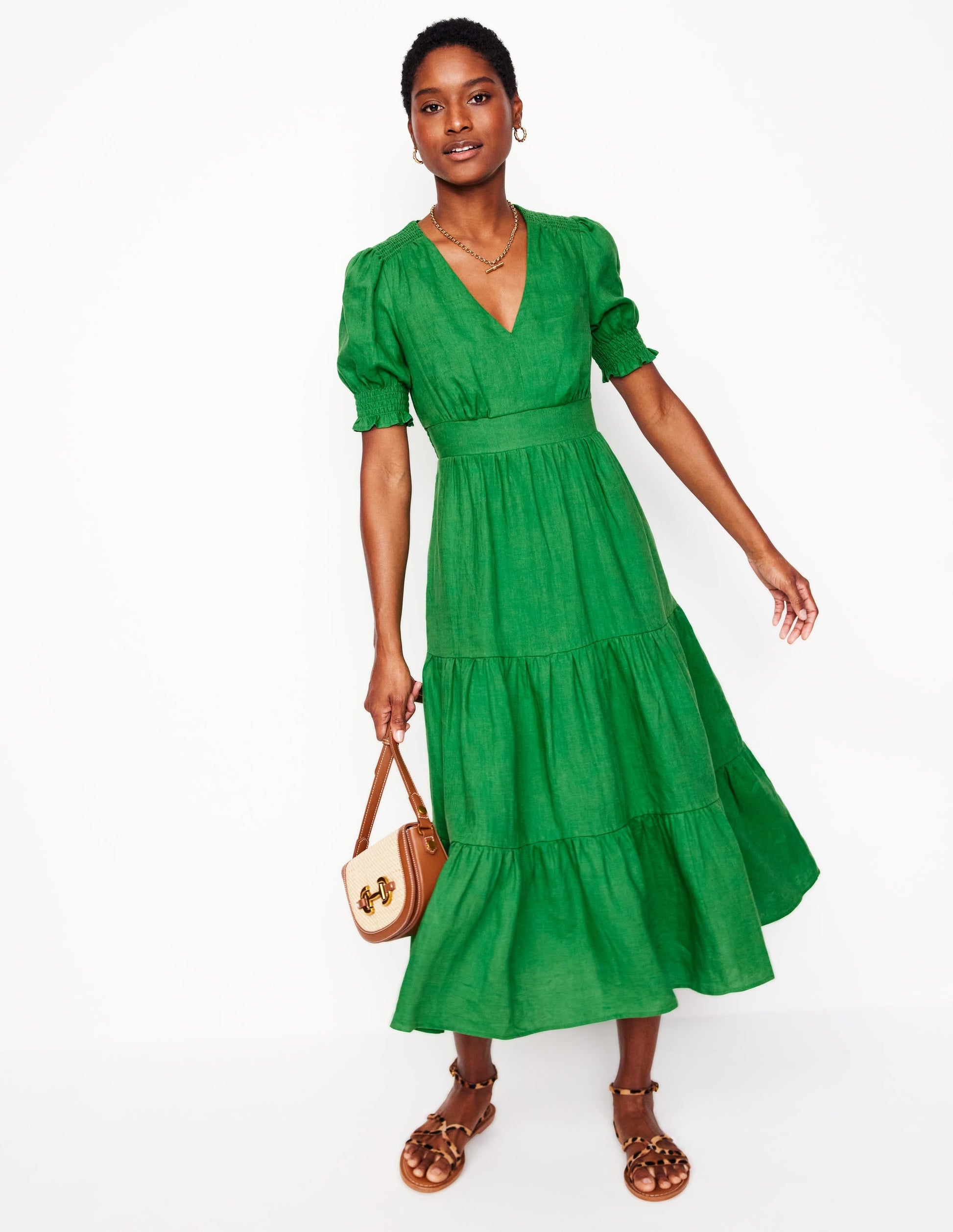 Anna Linen Tiered Midi Dress-Paradise Green-5