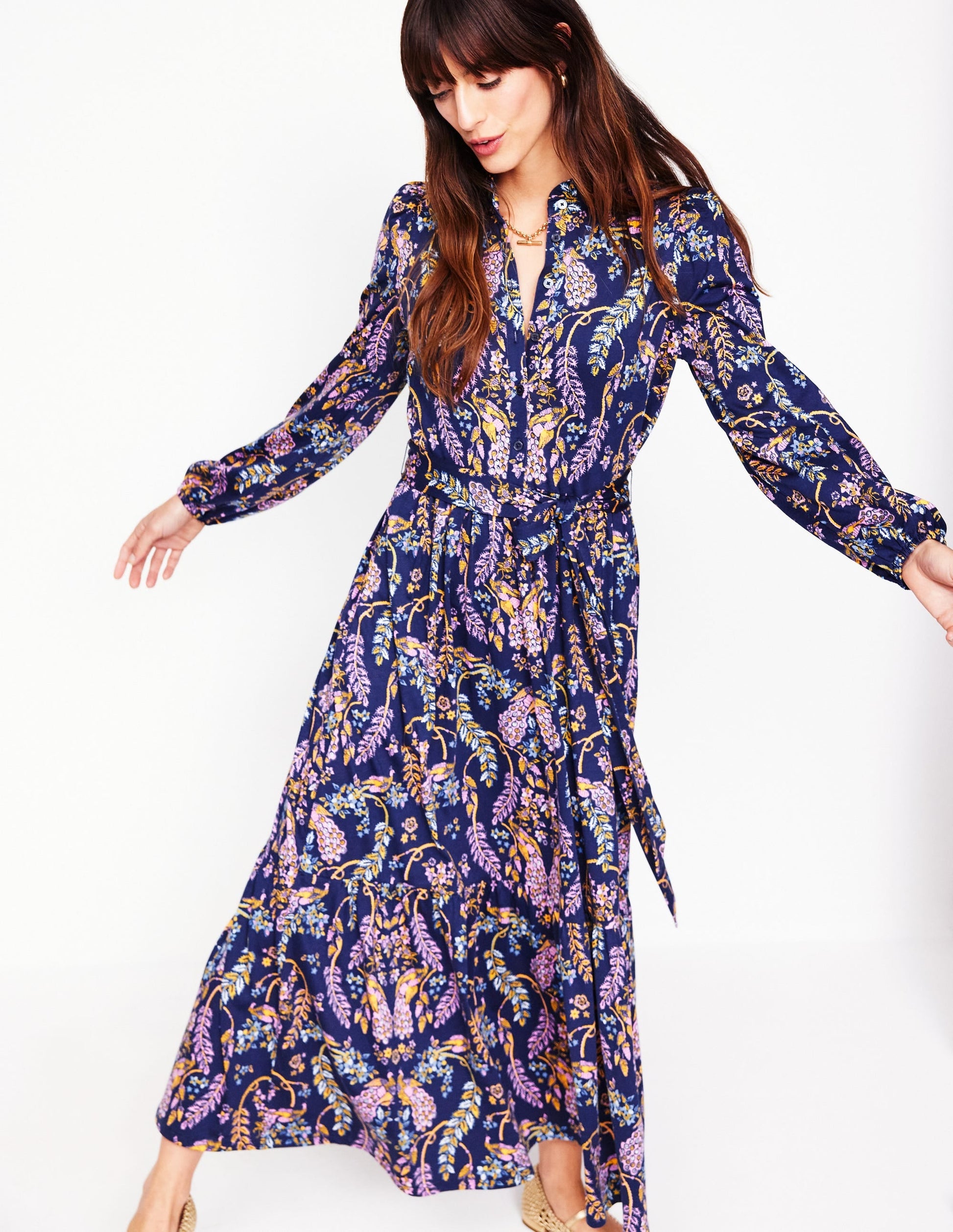 Willow Tiered Jersey Dress-French Navy,Enchanting Peacock-4