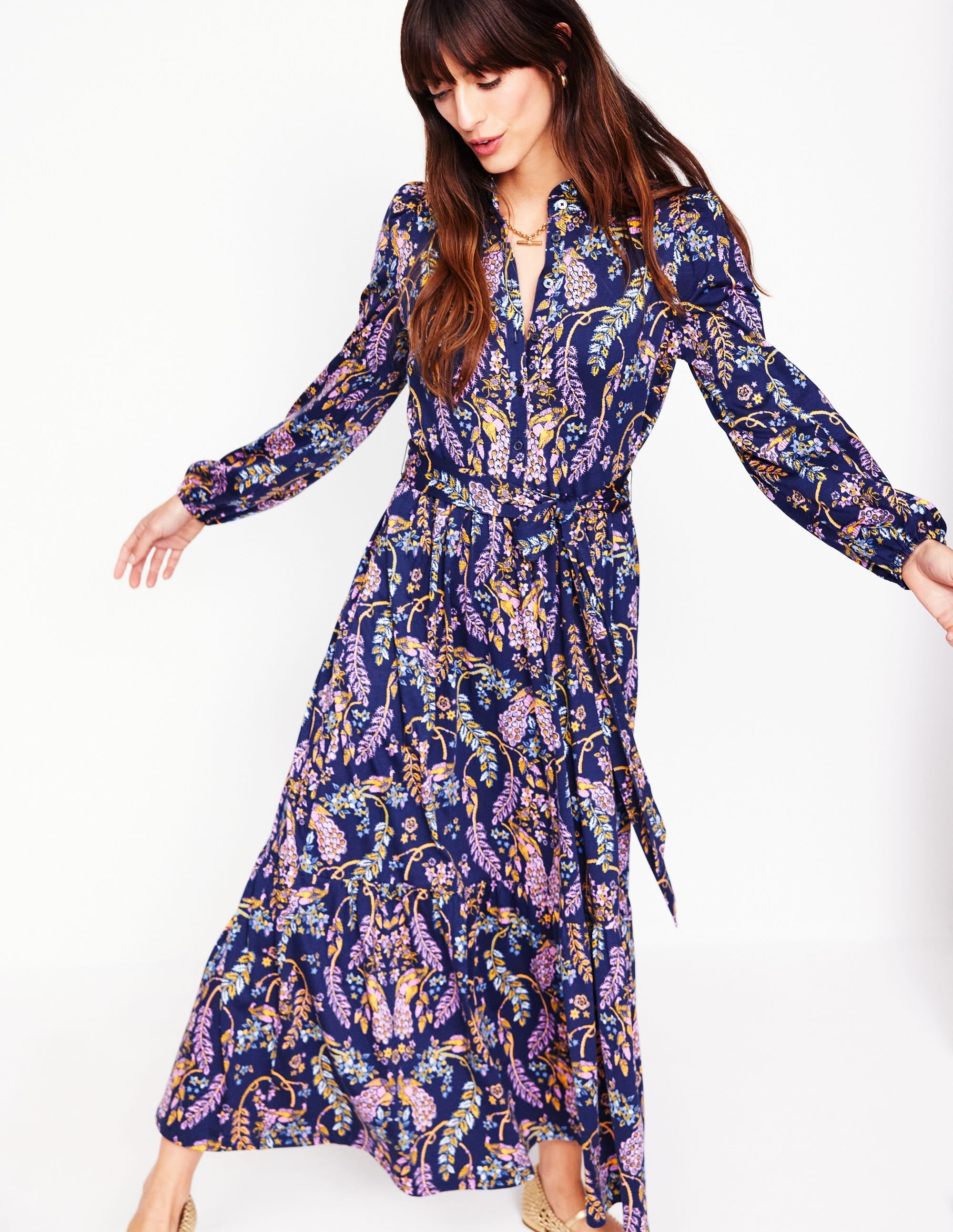 Willow Tiered Jersey Dress-French Navy,Enchanting Peacock - Image 4