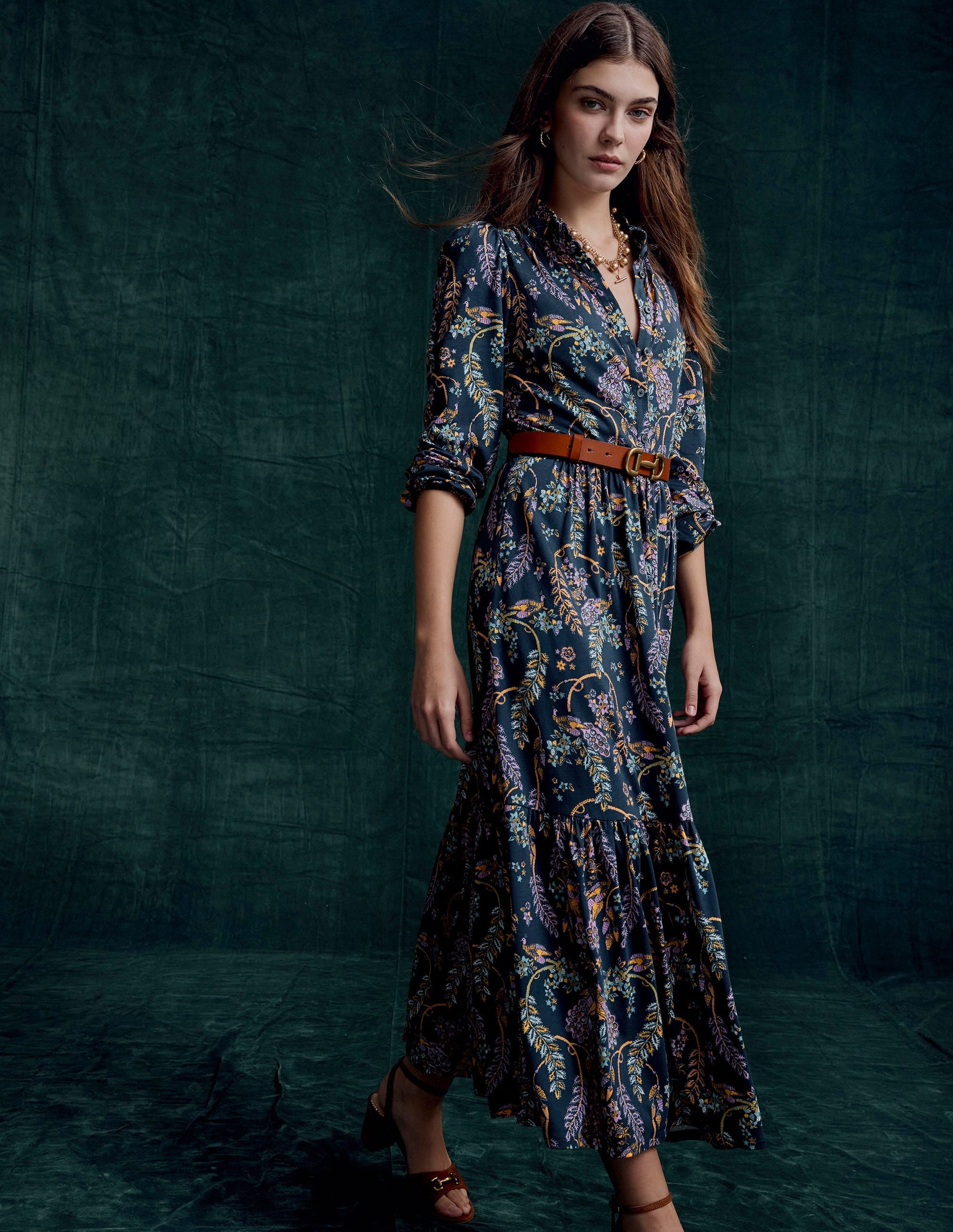 Willow Tiered Jersey Dress-French Navy,Enchanting Peacock-5