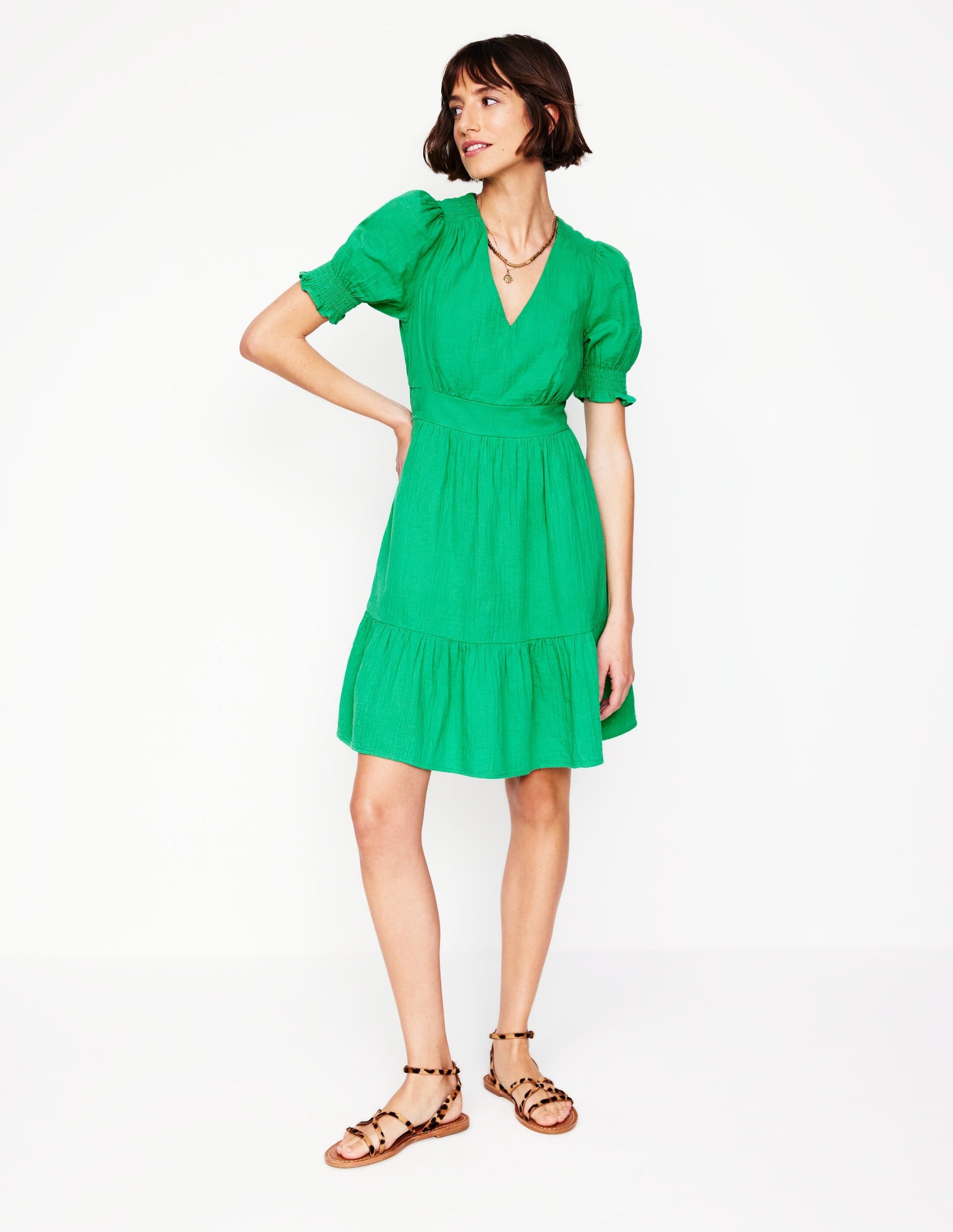 Anna Double Cloth Short Dress-Bright Green-1