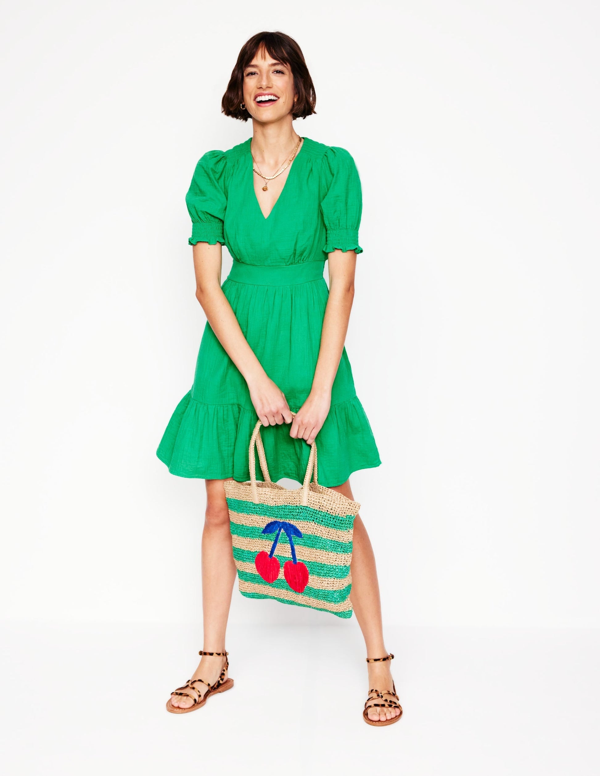 Anna Double Cloth Short Dress-Bright Green-4