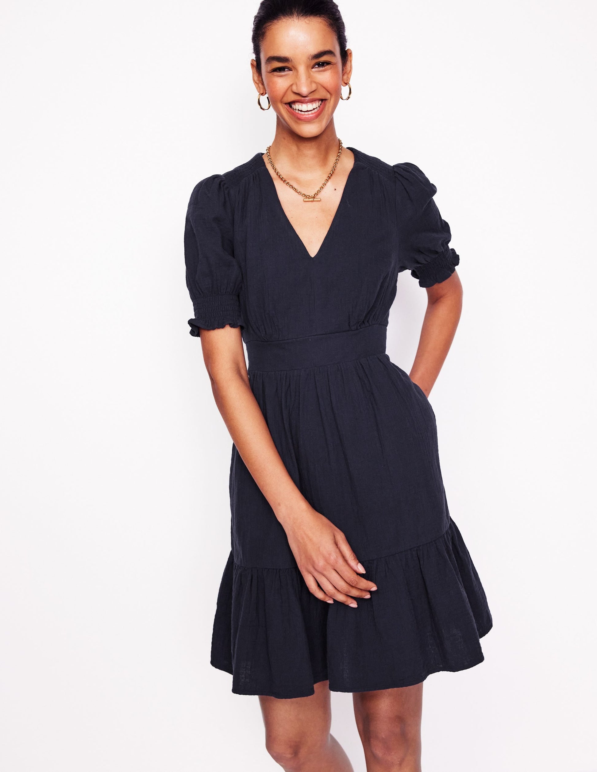 Anna Double Cloth Short Dress-Navy-4