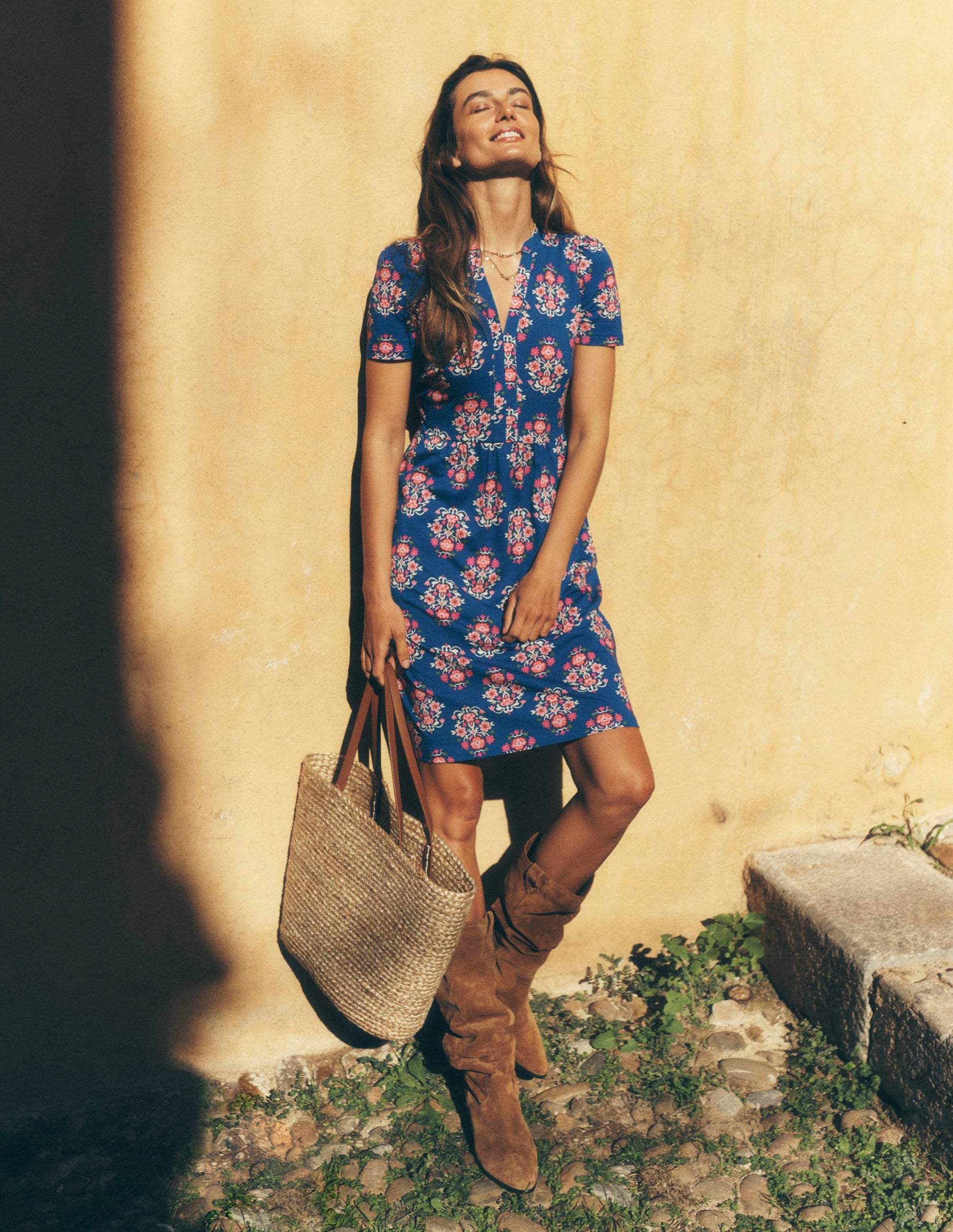 Naomi Short Sleeve Dress-Bright Blue, Wildflower Stamp-1
