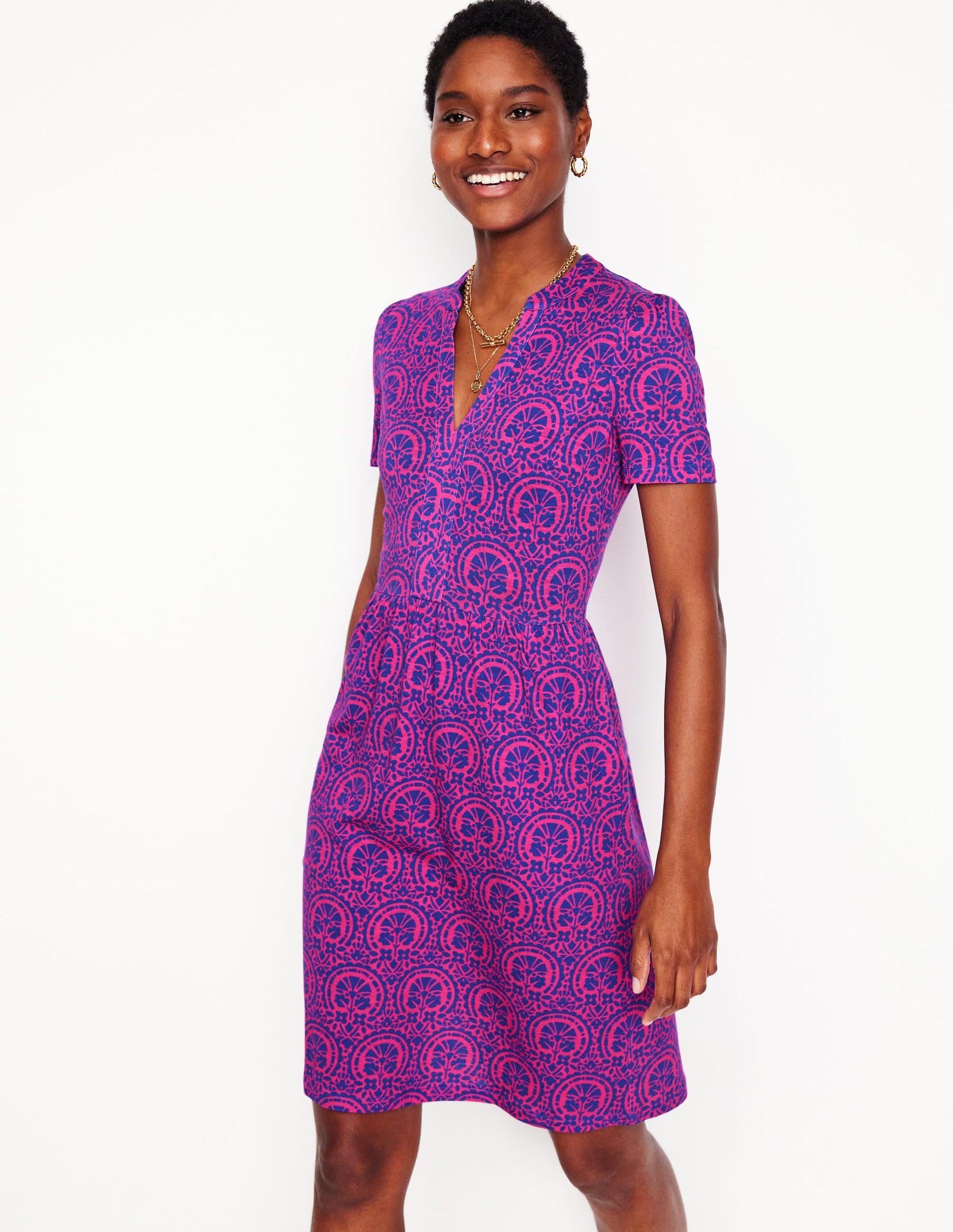 Naomi Short Sleeve Dress-Pink Peony Elaborate Stamp-1