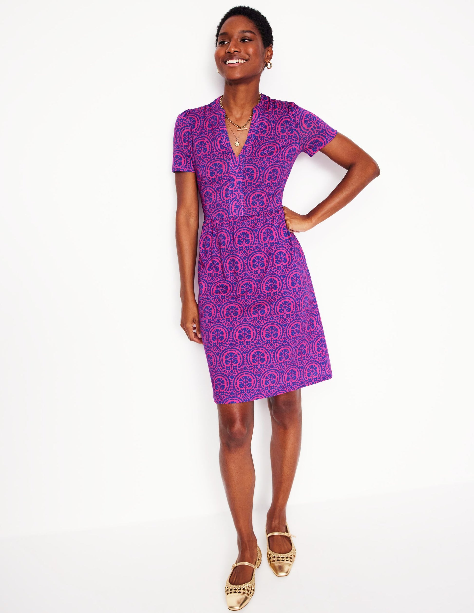 Naomi Short Sleeve Dress-Pink Peony Elaborate Stamp-4