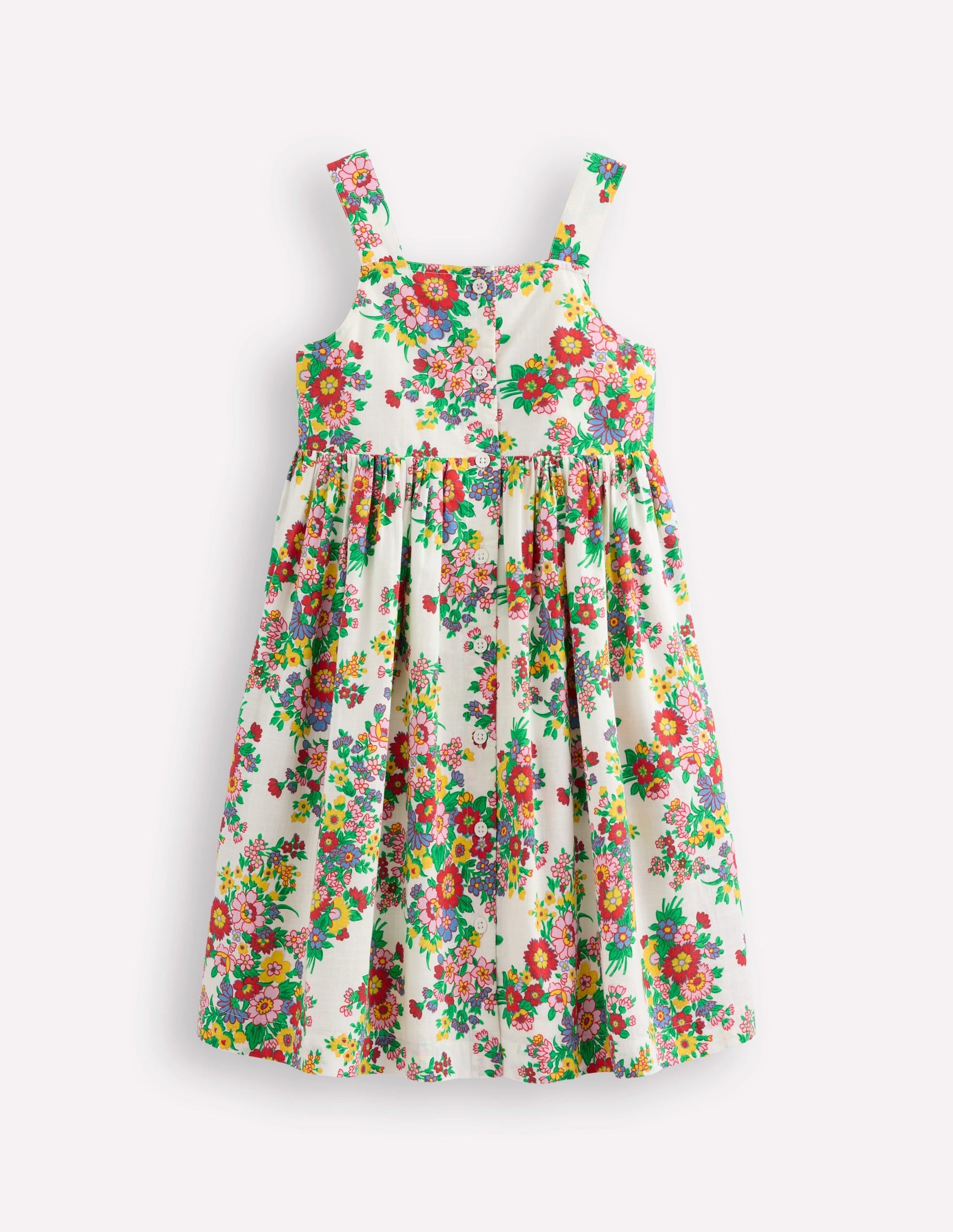Button Through Woven Dress-Ivory Flower Bunch-1
