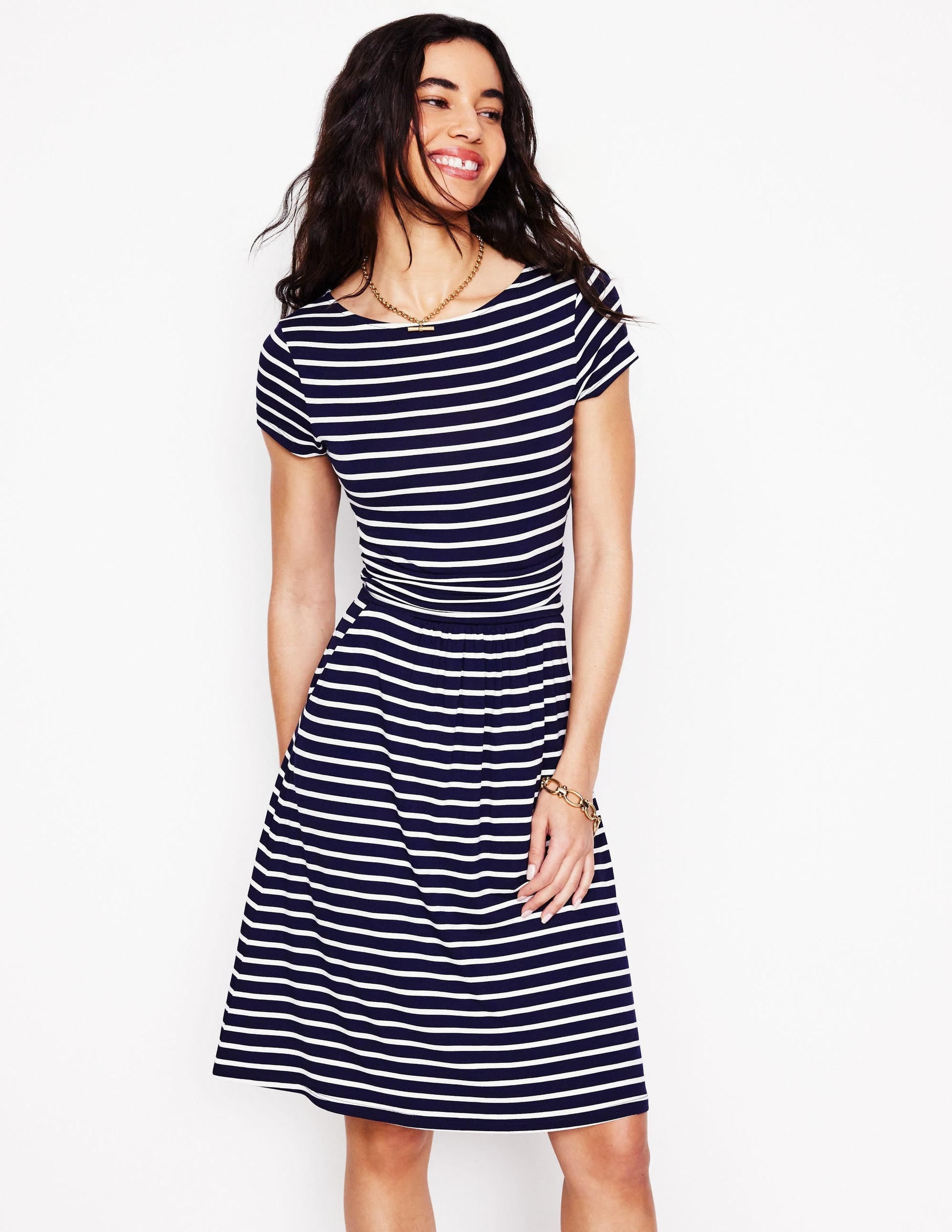 Amelie Jersey Dress-Navy, Ivory Stripe-4