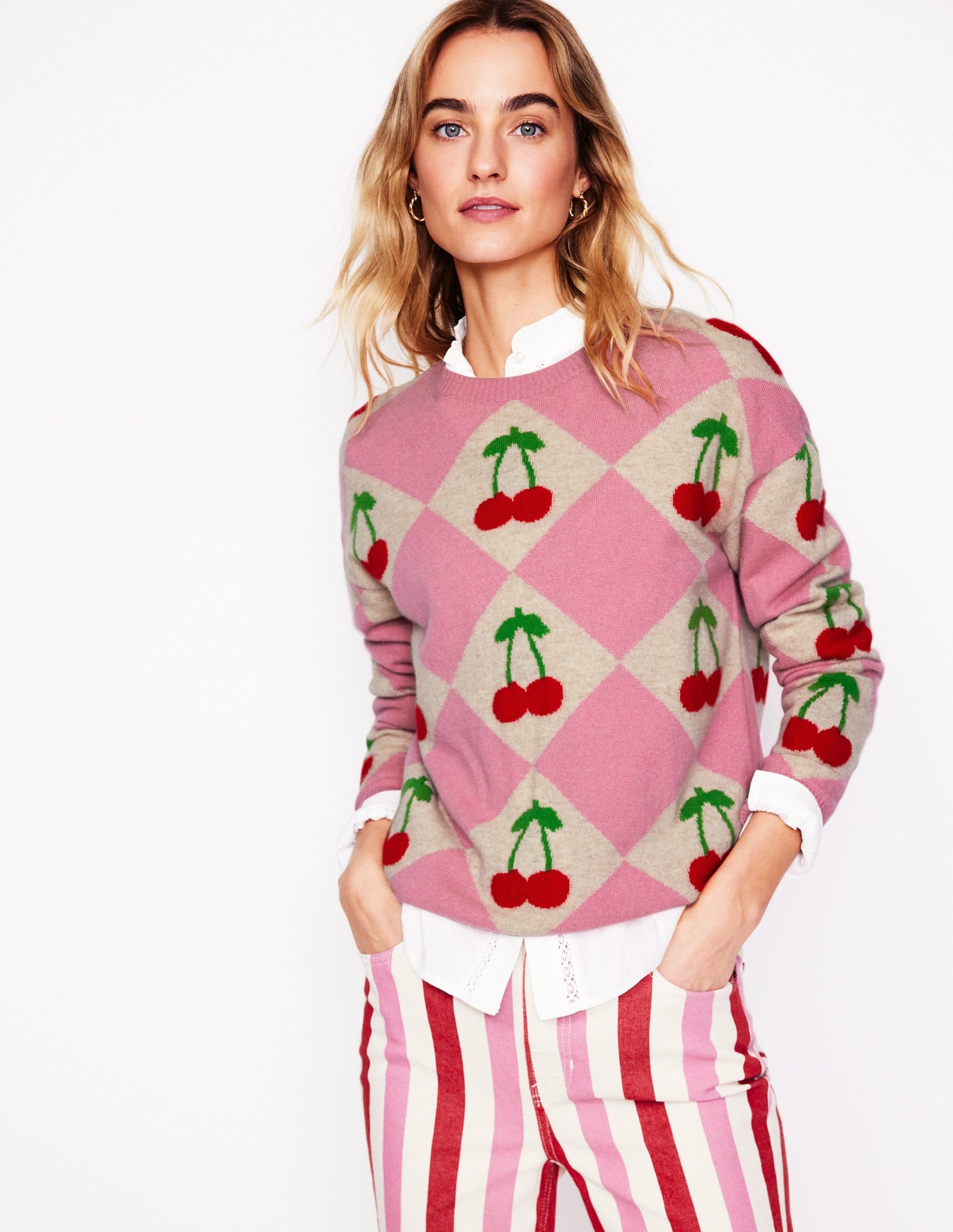 Lydia Cashmere Jumper-Pink, Cherry Argyle-1