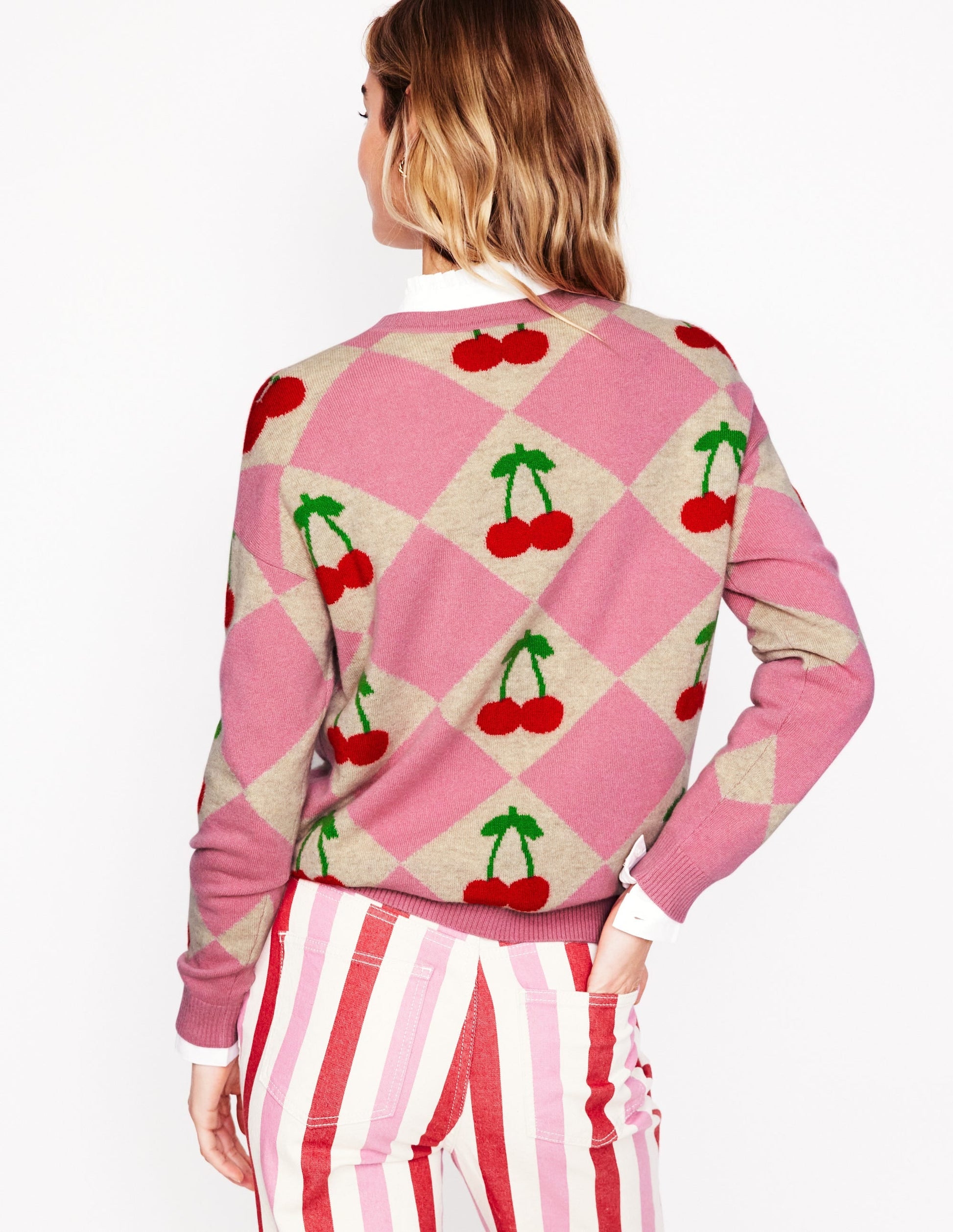 Lydia Cashmere Jumper-Pink, Cherry Argyle-4