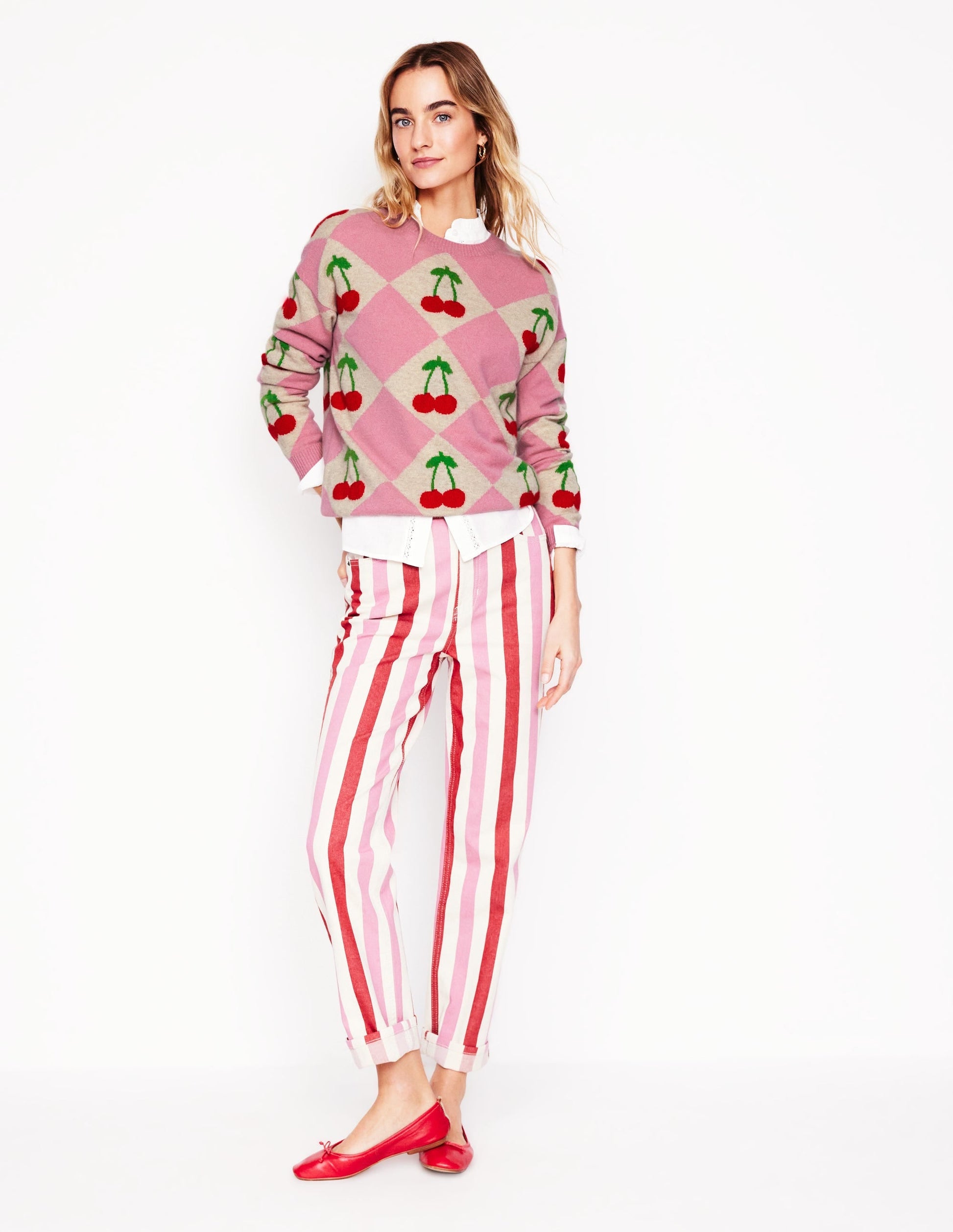 Lydia Cashmere Jumper-Pink, Cherry Argyle-5