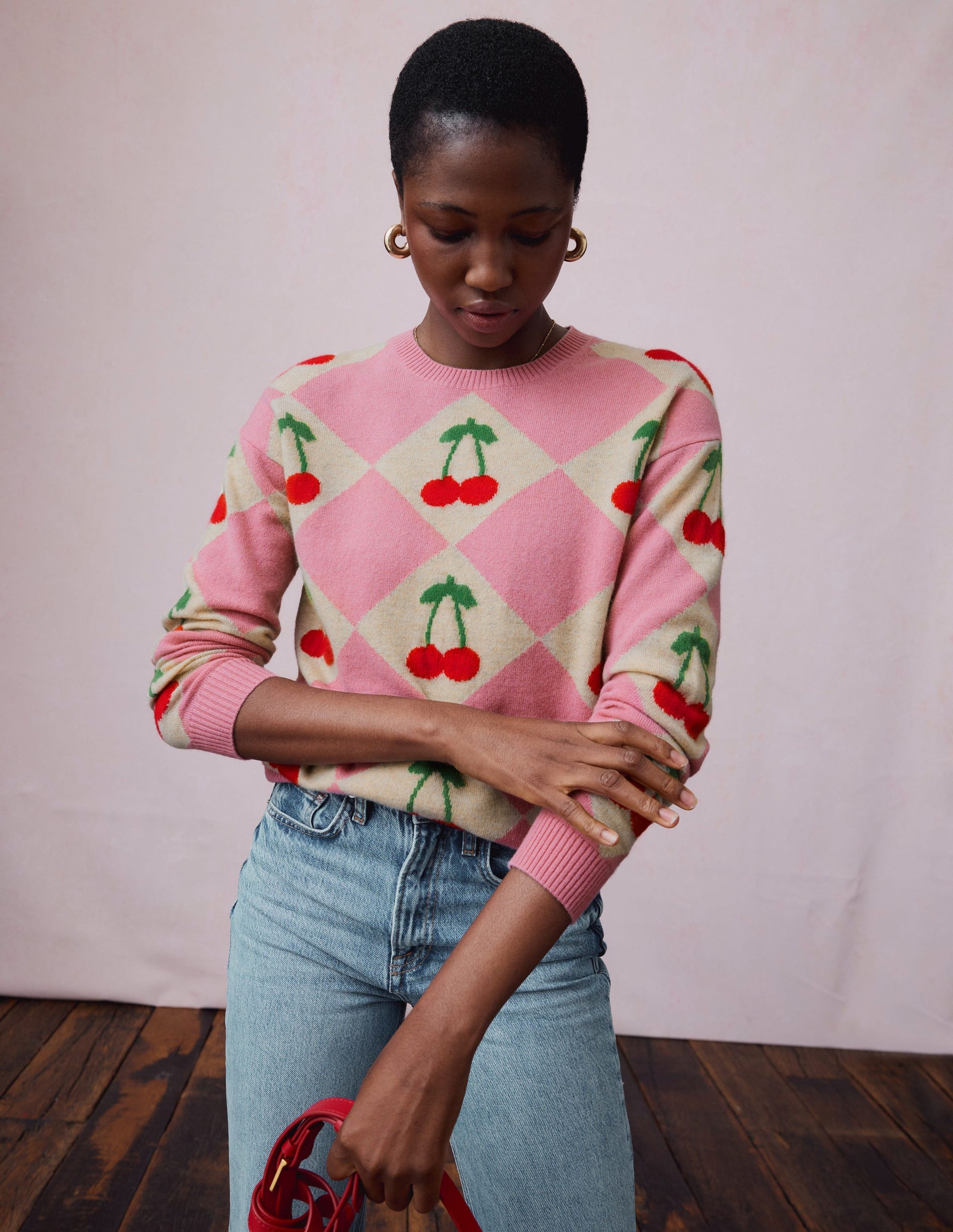 Lydia Cashmere Jumper-Pink, Cherry Argyle-2