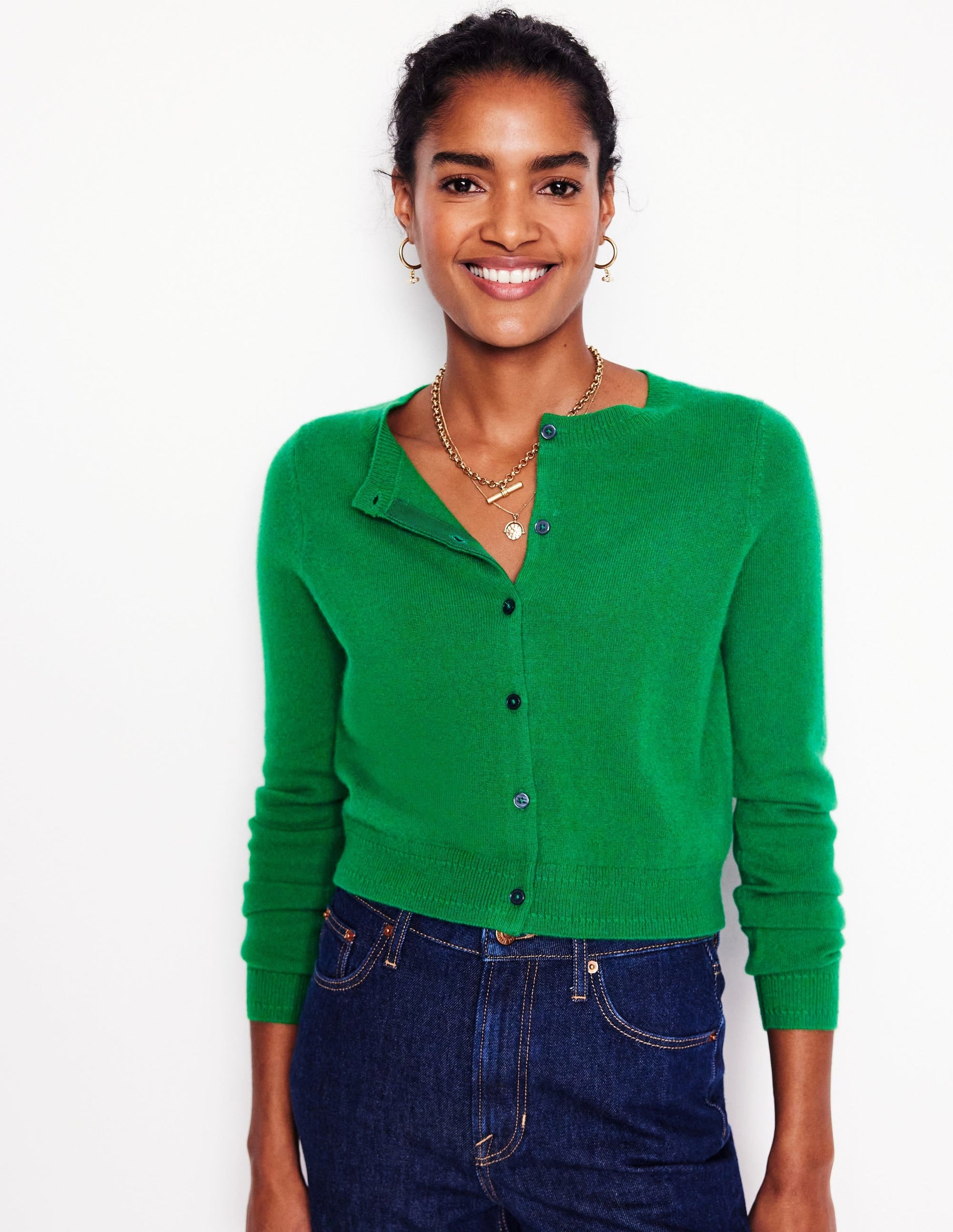 Eva Cashmere Cropped Cardigan-Rich Emerald-1