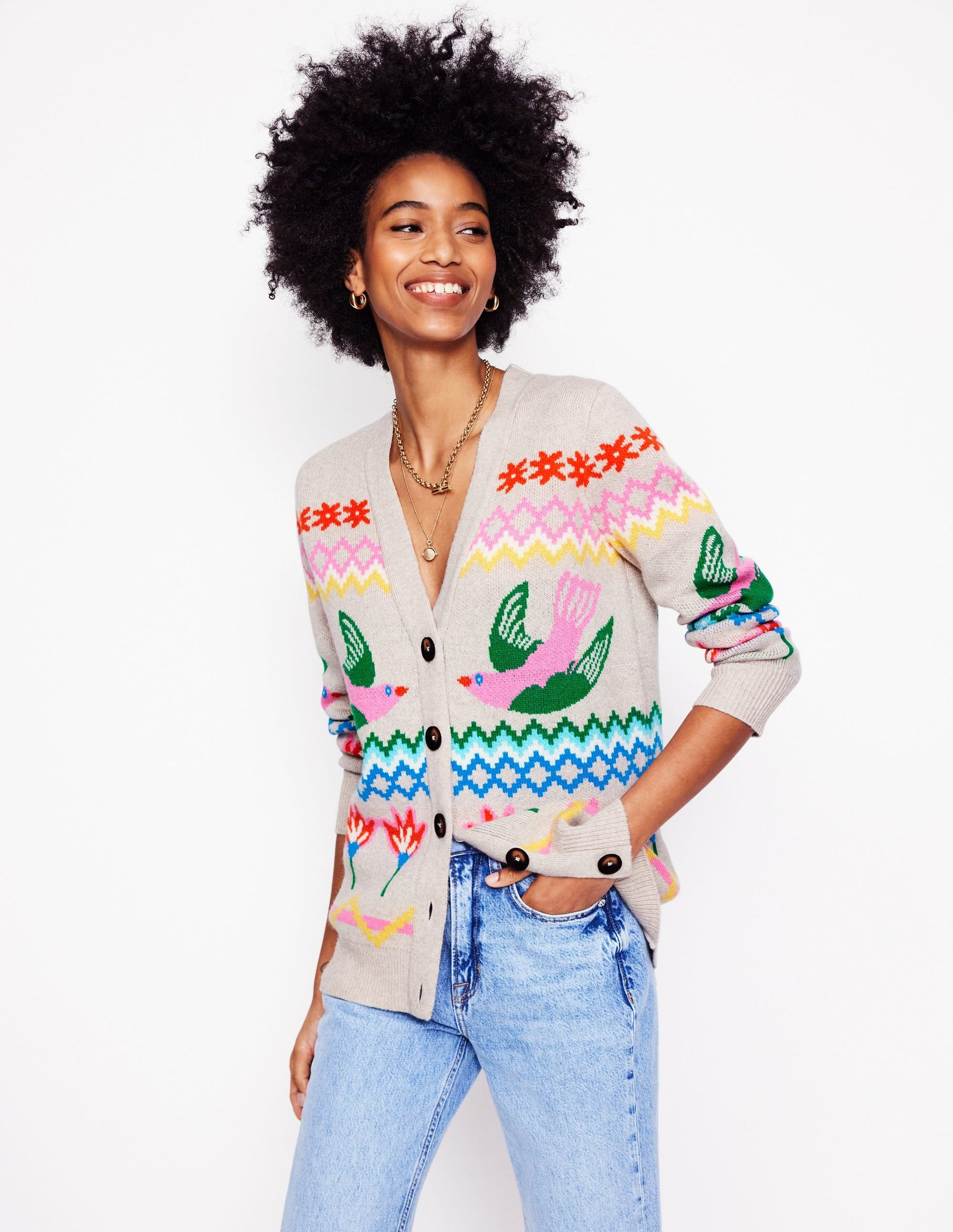 Fair Isle Boyfriend Cardigan-Oatmeal Melange, Birds-1