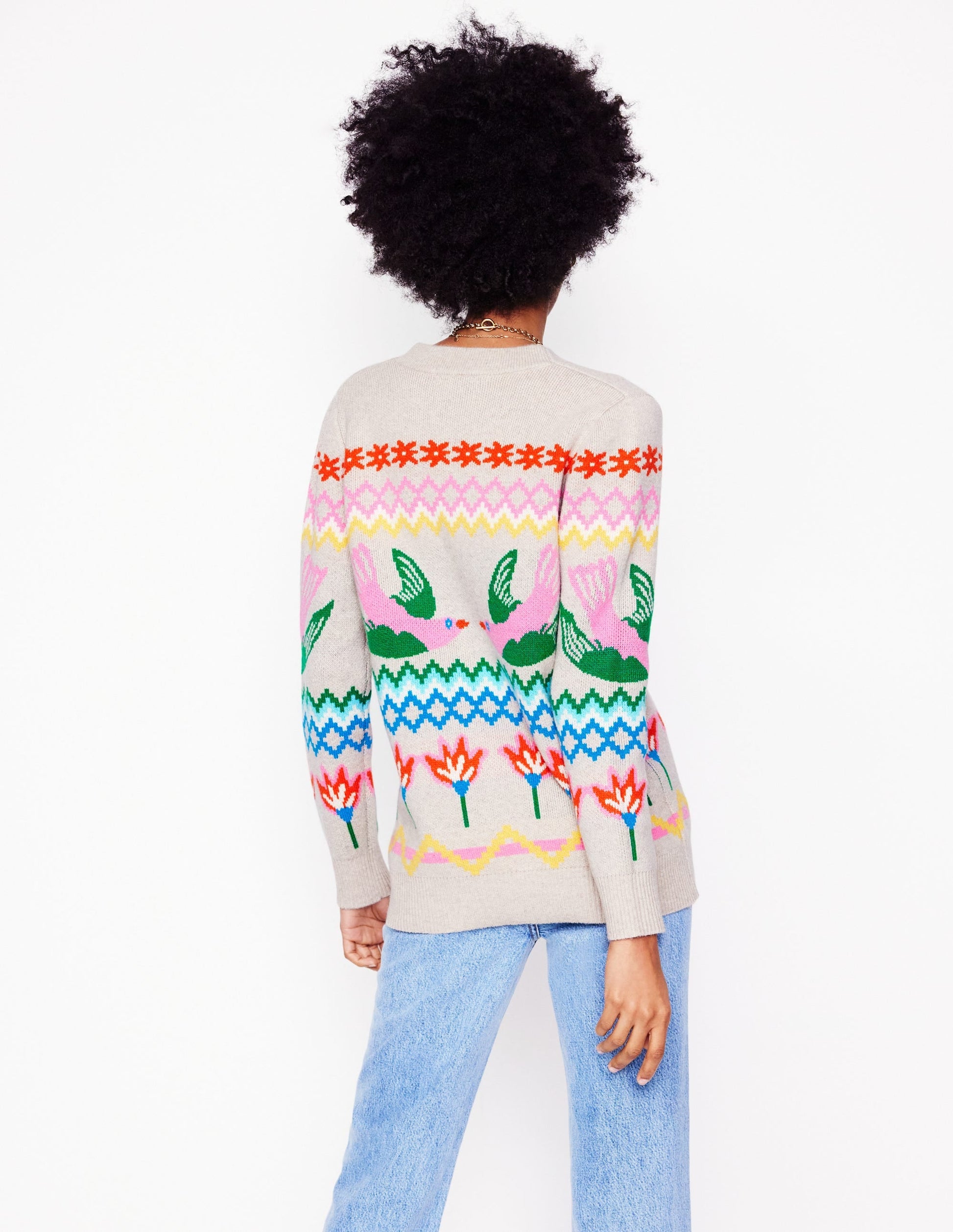 Fair Isle Boyfriend Cardigan-Oatmeal Melange, Birds-3