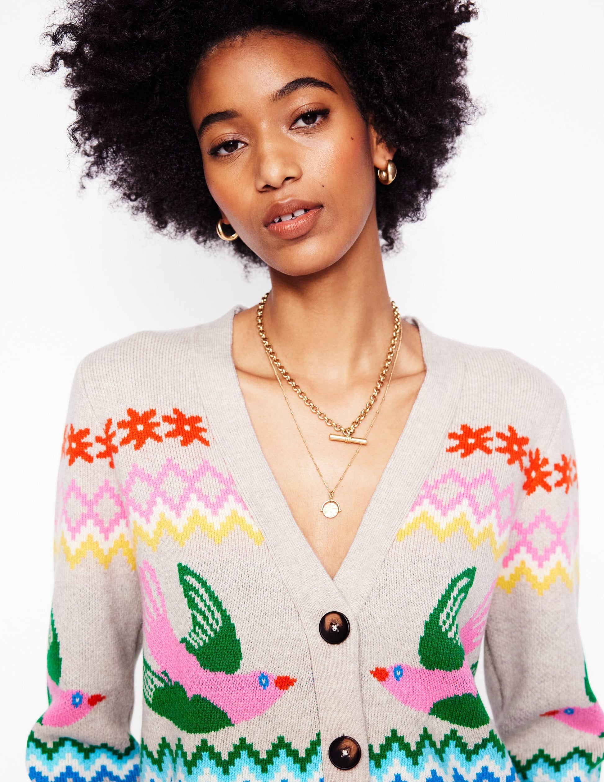 Fair Isle Boyfriend Cardigan-Oatmeal Melange, Birds-4