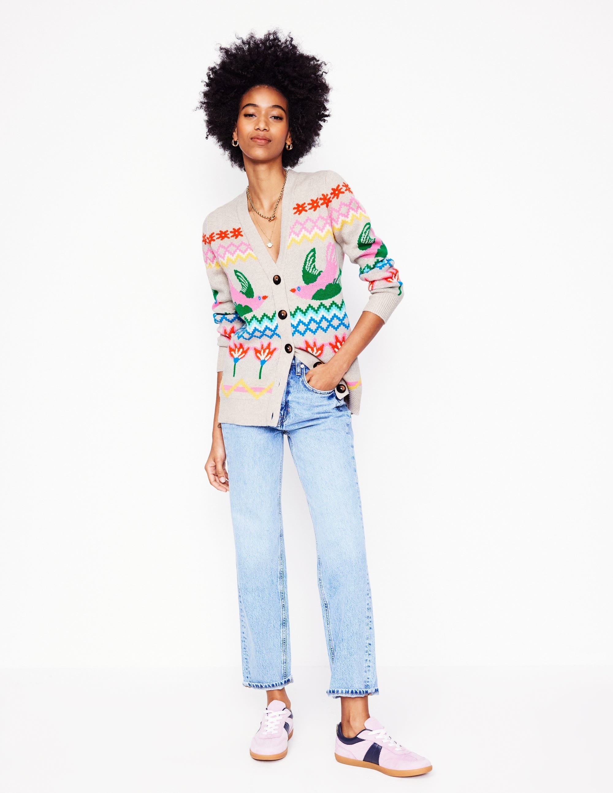 Fair Isle Boyfriend Cardigan-Oatmeal Melange, Birds - Image 5